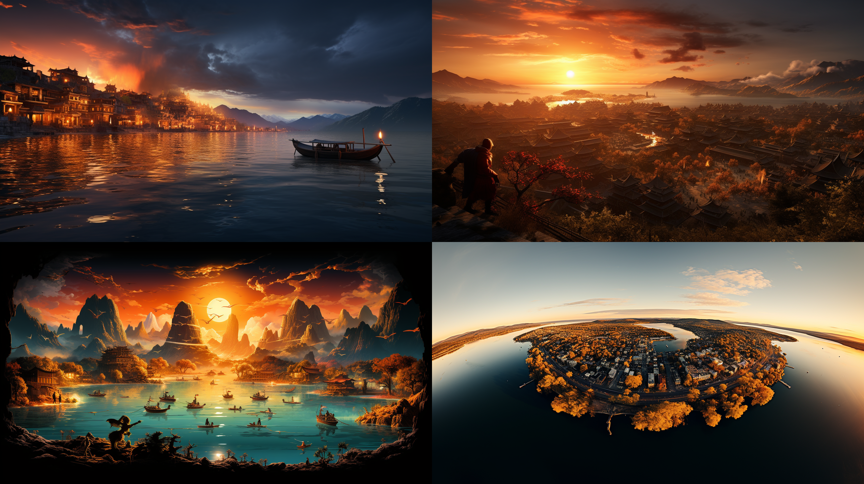 "三维古风,炫彩光影,立体,写实,大片湖泊,意境,落日,一个小小的人,背影,超广角,远景图,多角度构图" 山水古镇,绚丽色彩,倚湖而建,真实立体感,湖光山色,绚丽色调,落日余晖,身着古装小人,恣意挥洒,超广角镜头,恢宏远景,巧妙构图。