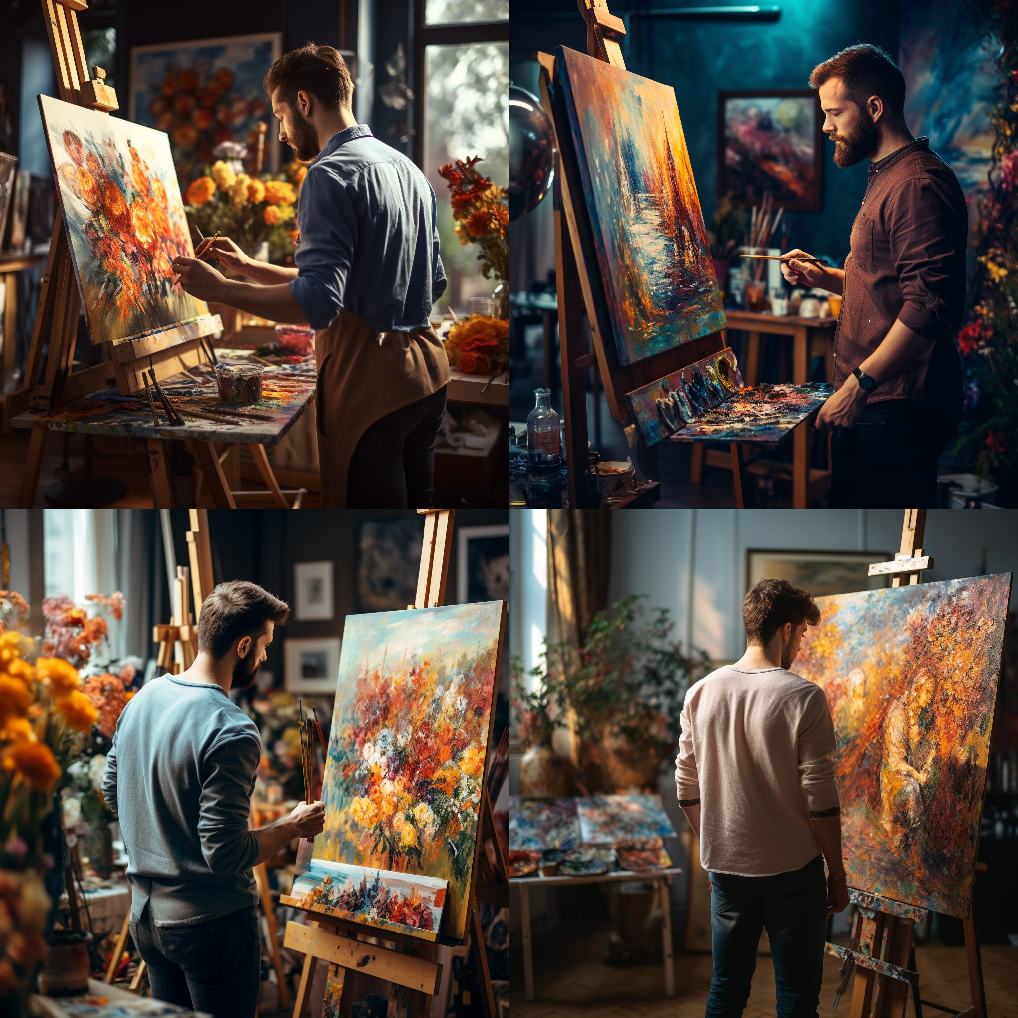 画家在油画作品前面创作,视角低角度,明亮的工作室灯光,画架上摆放着调色板和画笔,画家专注作画,表情专注,穿着艺术家工作服.写生,油画风格,明亮色调,细节丰富,创作灵感,专注。
