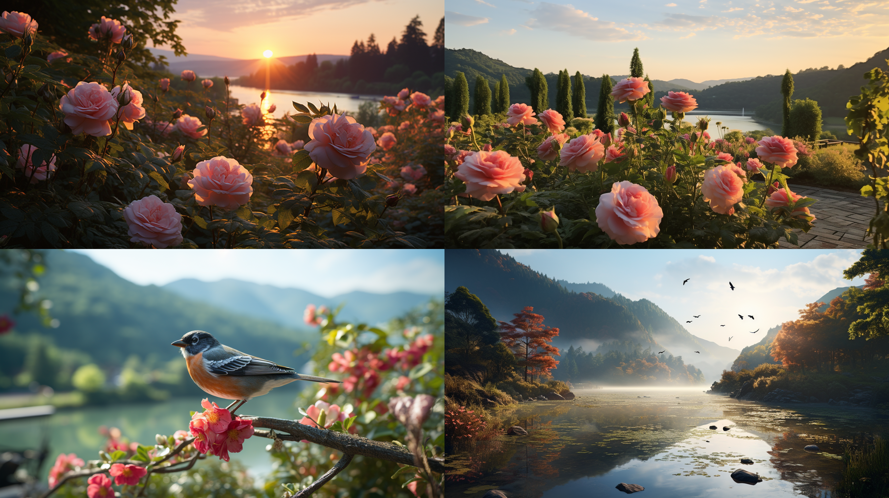 玫瑰花田，大片湖泊，清晨，远处有绿色树林，草原，山峦，5只飞鸟，大景深，高清彩色摄影，湖水倒影，日出，阳光灿烂。 玫瑰花田，湖泊，树林，草原，山峦，飞鸟，景深，彩色摄影，倒影，日出，阳光，轻松，浪漫。