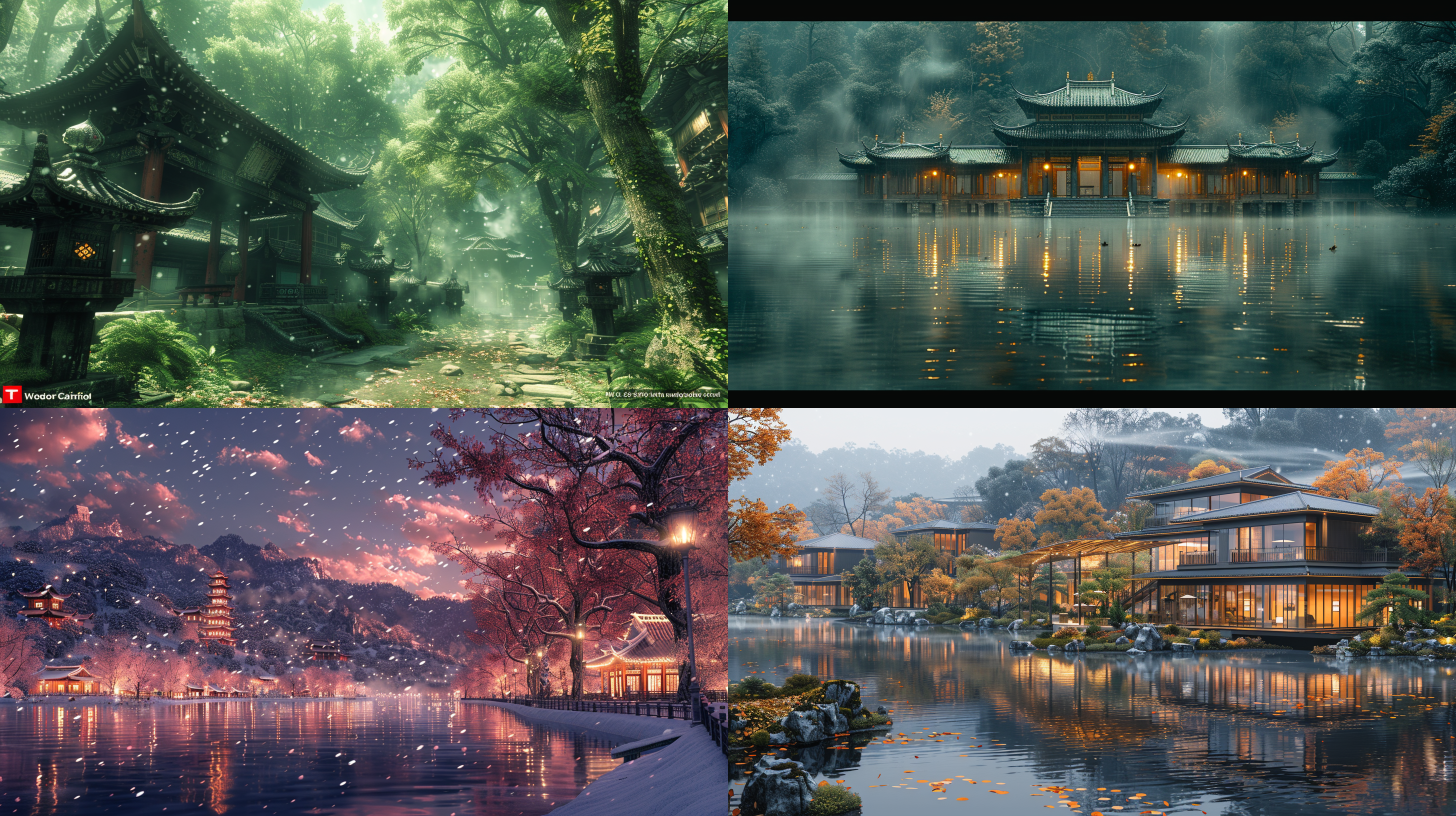 a glass oriental building with pavilions and chinese-style cornices, a gleaming interior, located in a lush green forest.in the surreal cg rendering of ancient china, there is a yaolin wonderland next to a small town with ancient buildings in the south of the yangtze river.night, bright stars, charming smoke, maple leaf trees, snow scene, high definition