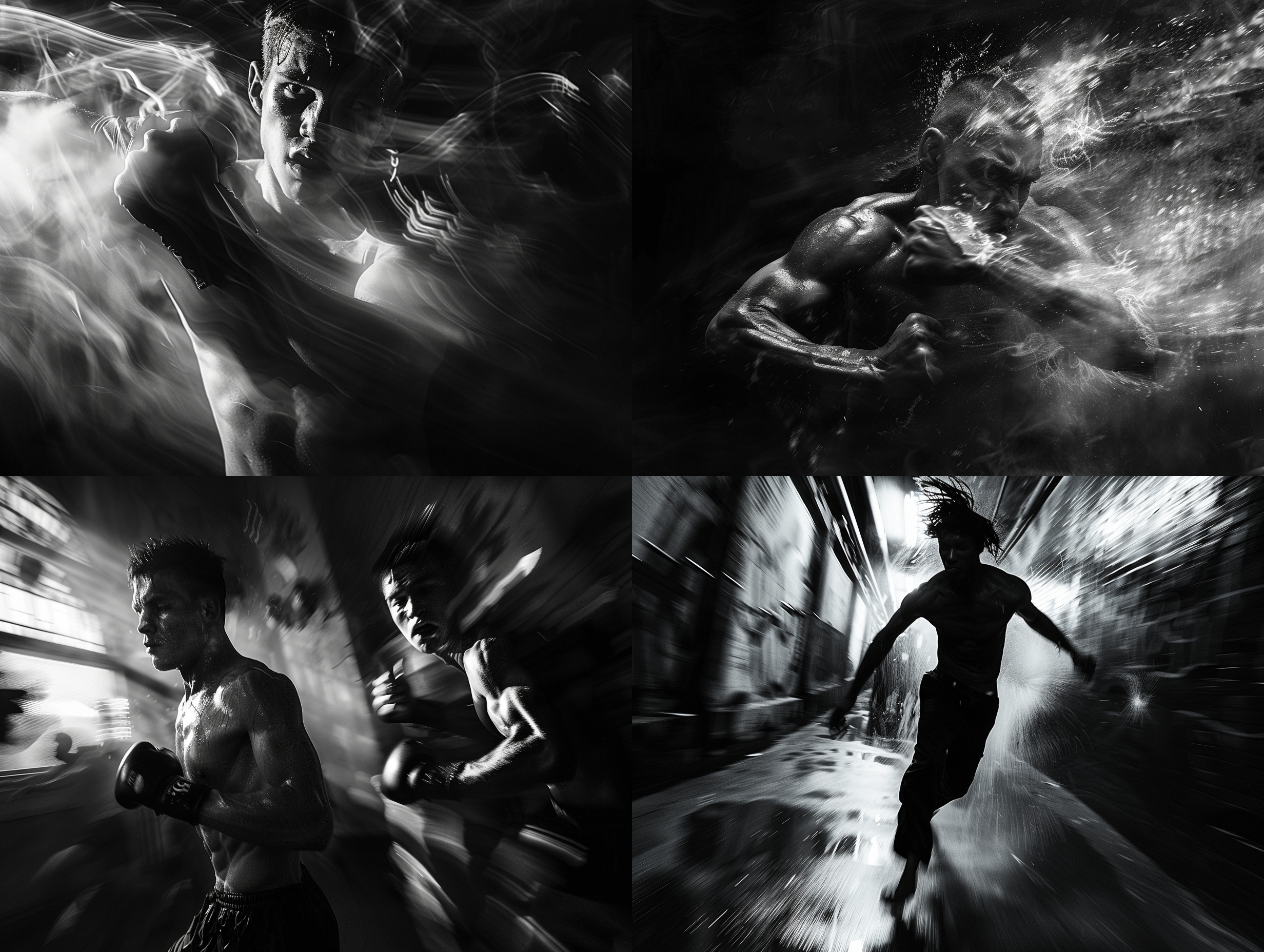 夸张角度，挥拳，低角度视角，动作冲击感，暗色调，广角镜头，快速快门，运动模糊，紧张。