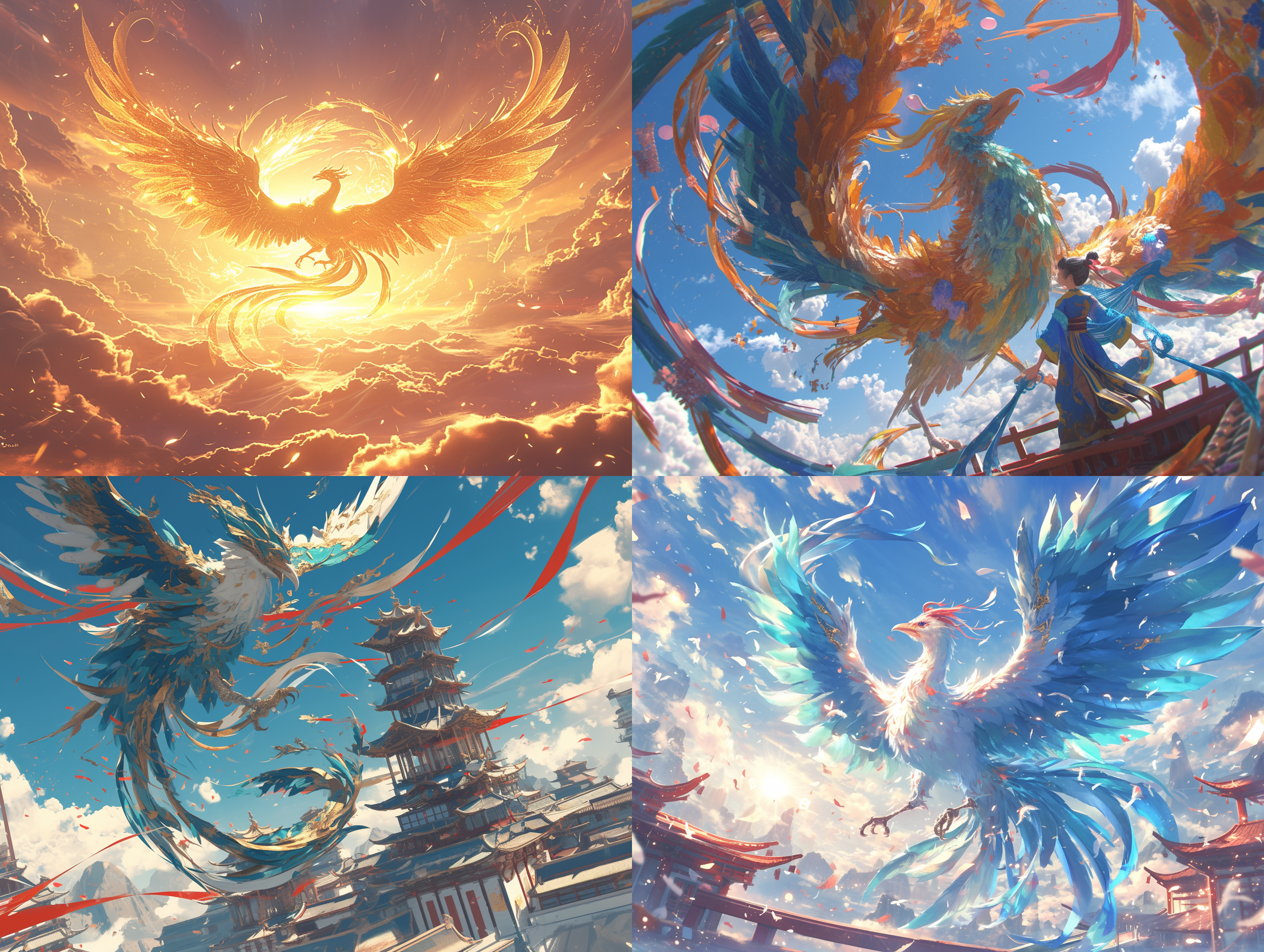 一只翱翔天空的火凤凰，祥云，夸张角度，全景广角，长焦距拍摄，中国风国画风格，梦幻，神秘，3d渲染，c4d效果，画面细腻，细节精致，高清，8k