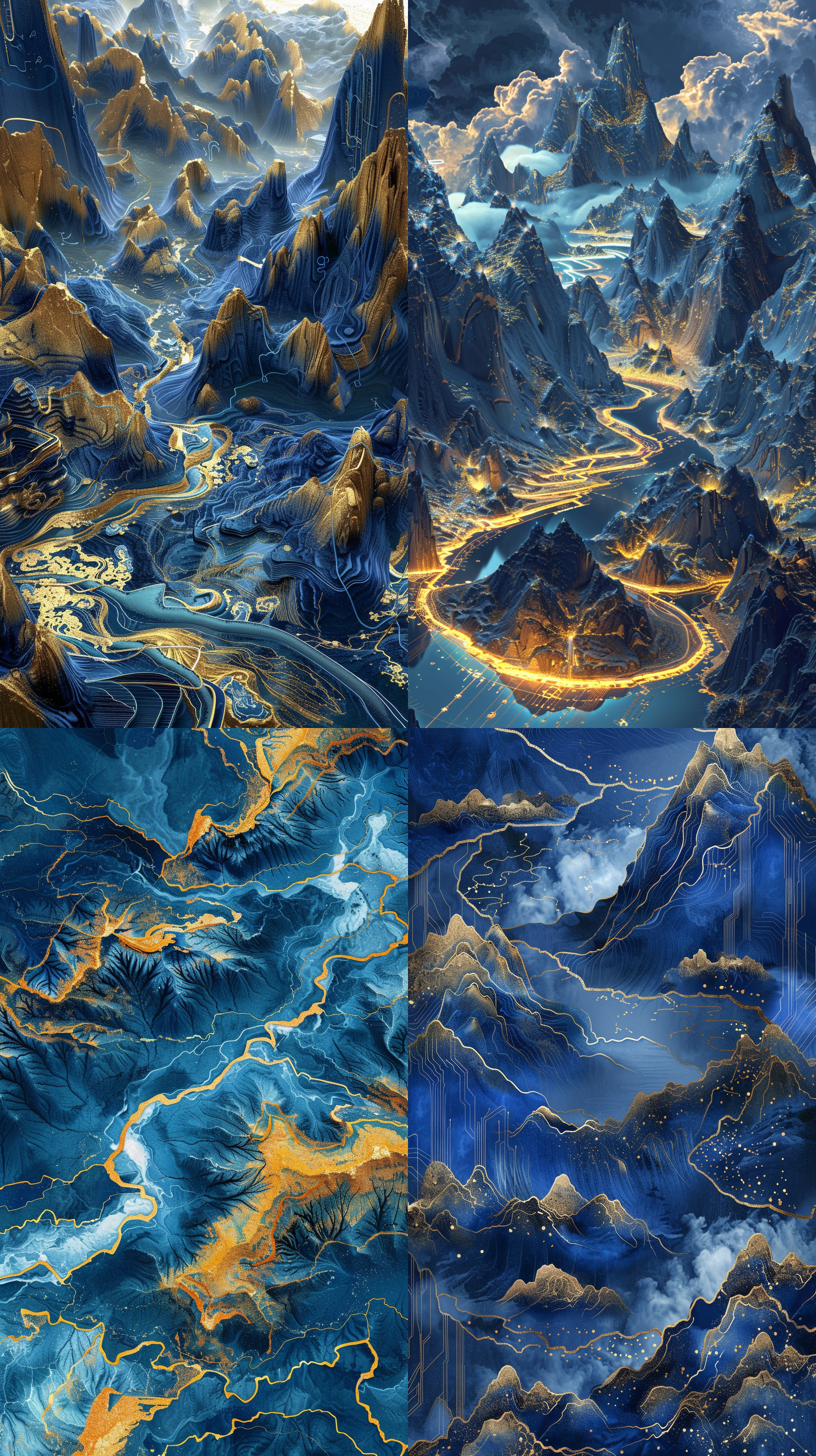 蓝金山水，细节丰富，广角镜头，流体摄影，传统风格，壮丽景色，电路板效果，发光，中国风，千山万水，3d插图，蓝金配色，壮丽，雄伟，丰富色彩。