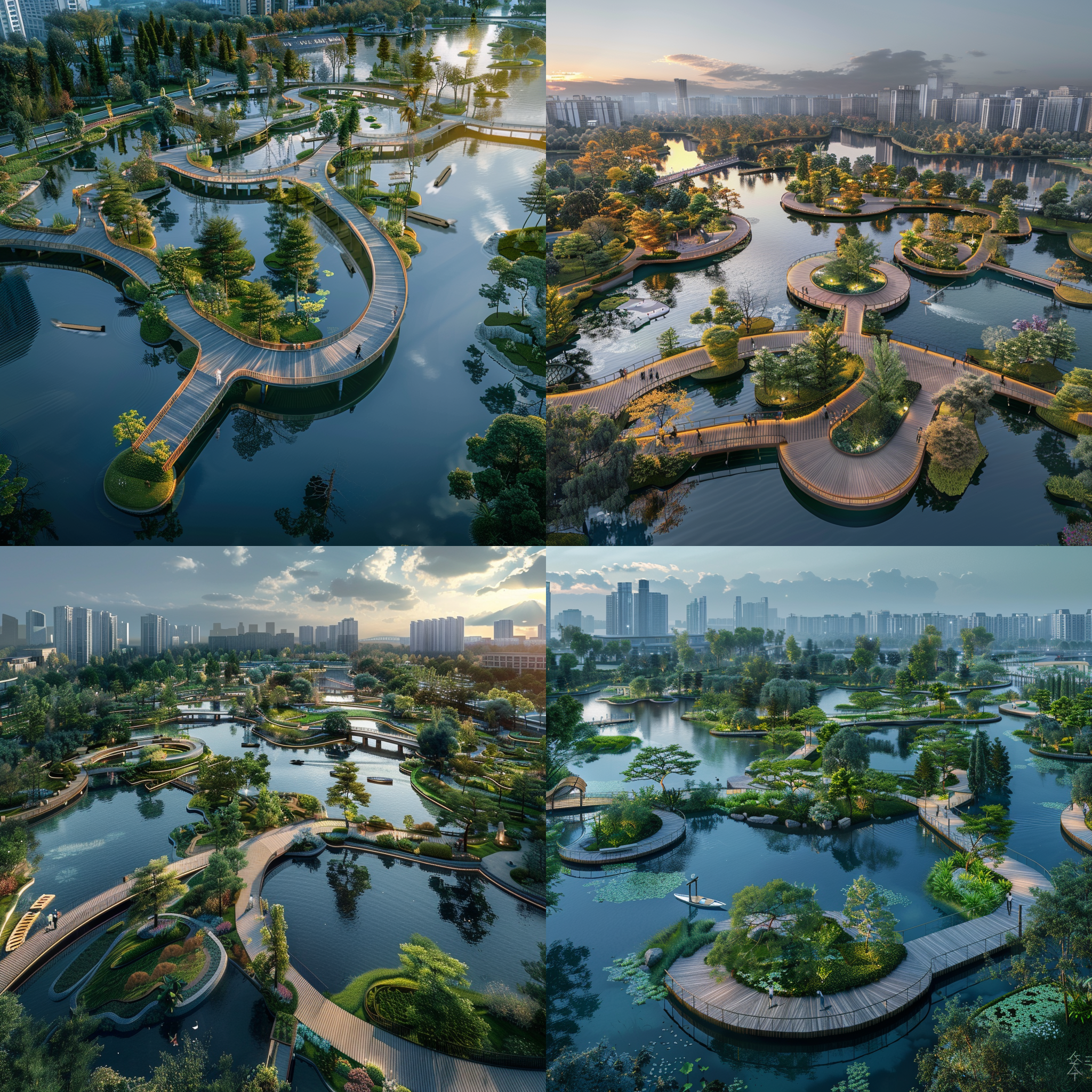 城市园林生态公园，游客漫步游览，湖泊环绕，桥梁连通，船只停靠，半圆形驿站，8k高清，柔和色彩，俯瞰，水景衬托，环境素养，生态氛围，自然融合，休闲享受。