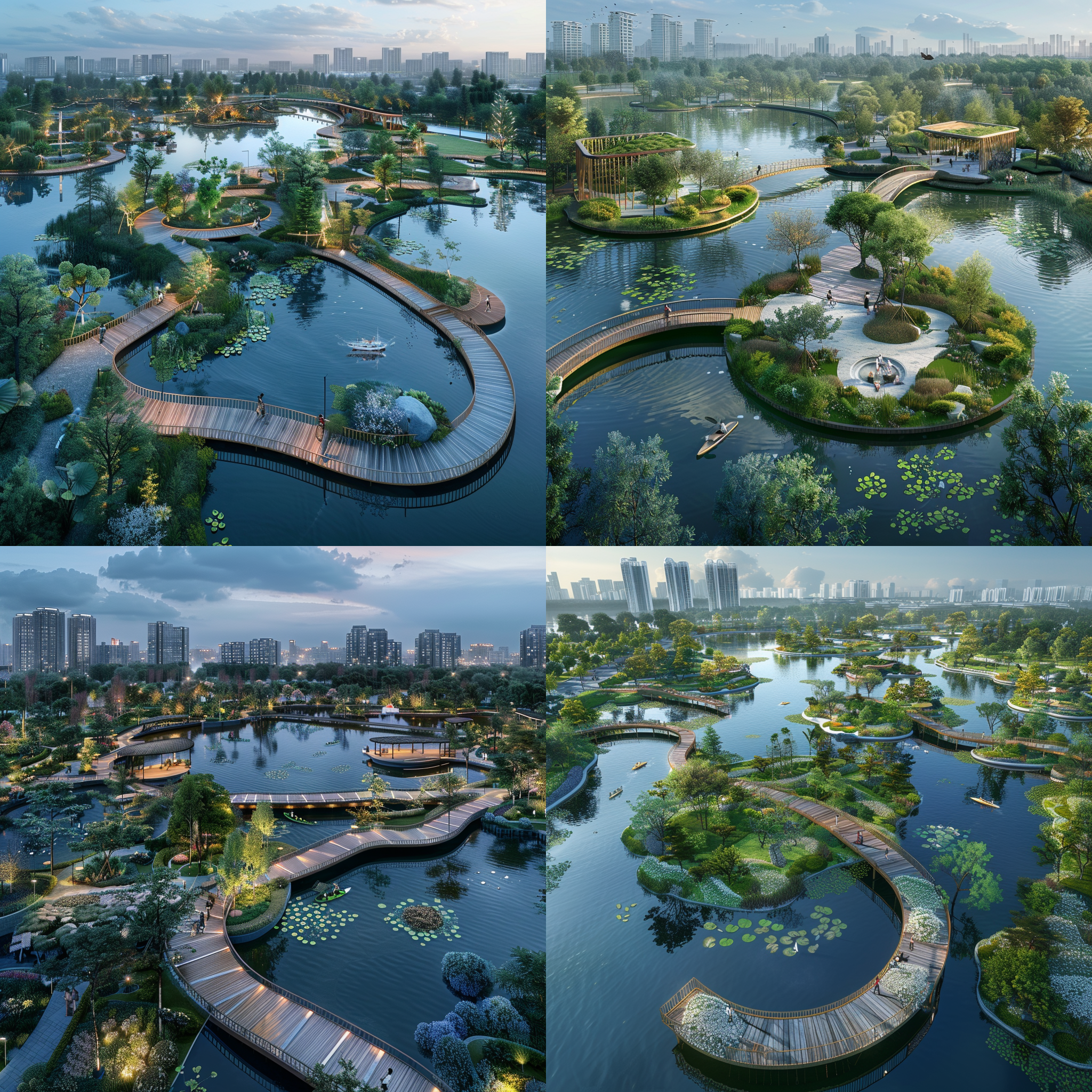 城市园林生态公园，游客漫步游览，湖泊环绕，桥梁连通，船只停靠，半圆形驿站，8k高清，柔和色彩，俯瞰，水景衬托，环境素养，生态氛围，自然融合，休闲享受。