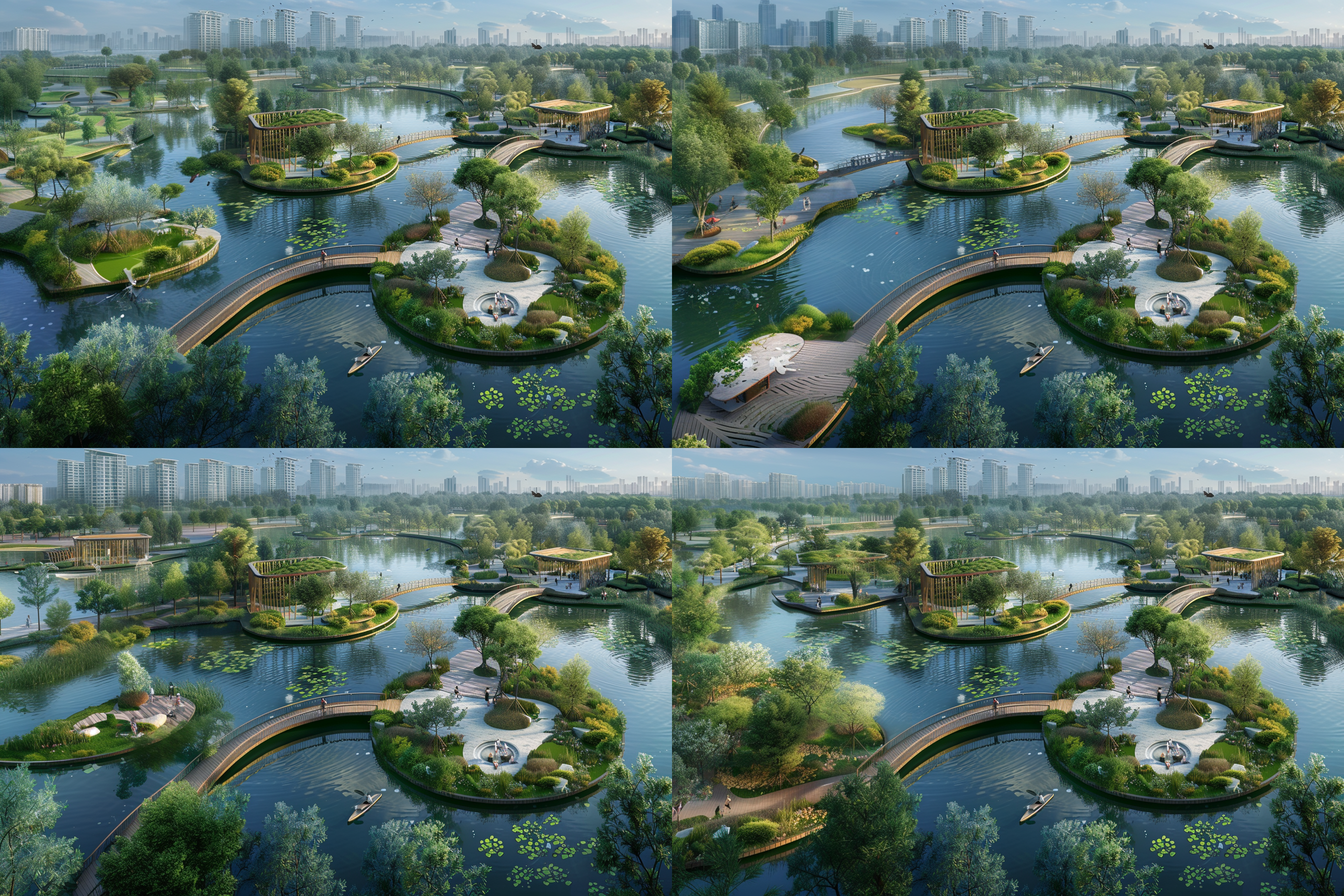 城市园林生态公园，游客漫步游览，湖泊环绕，桥梁连通，船只停靠，半圆形驿站，8k高清，柔和色彩，俯瞰，水景衬托，环境素养，生态氛围，自然融合，休闲享受。