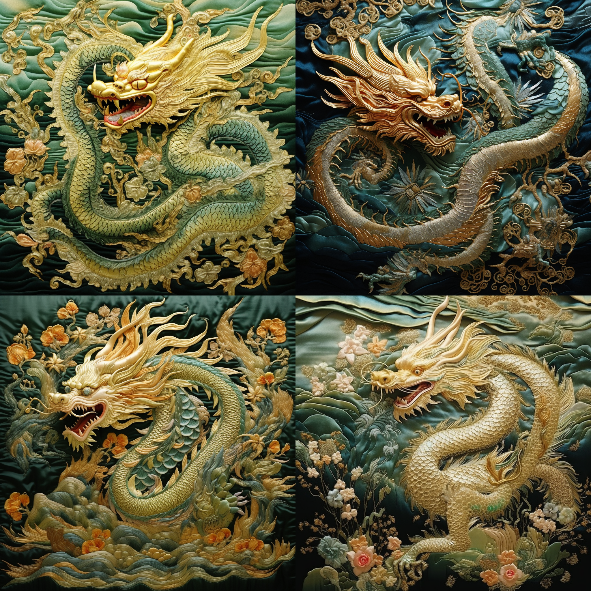 刺绣艺术，龙头主题，中景构图，浅绿色和金色调，游丝面料，精湛工艺，极繁主义，华丽光影，细节丰富，绚丽色彩，神秘氛围。