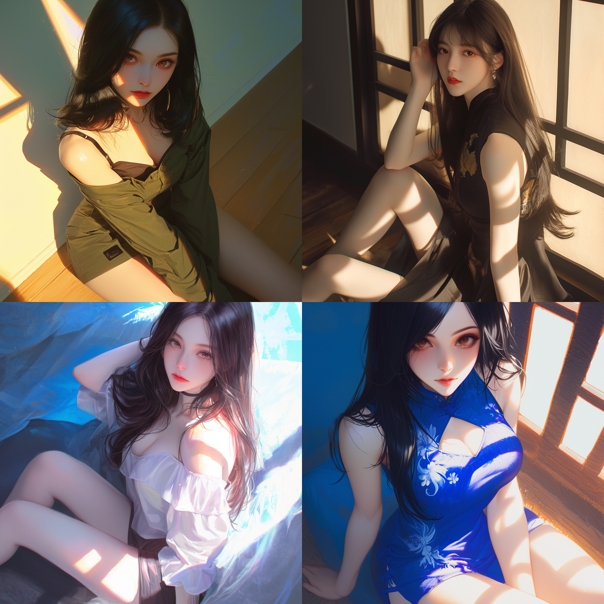 a yearly beautiful chinese photography portrait of a flirty woman with long black violett hair visible legs sitting comfortable in a extreme saturated pose with sun light ambiente with a view from above