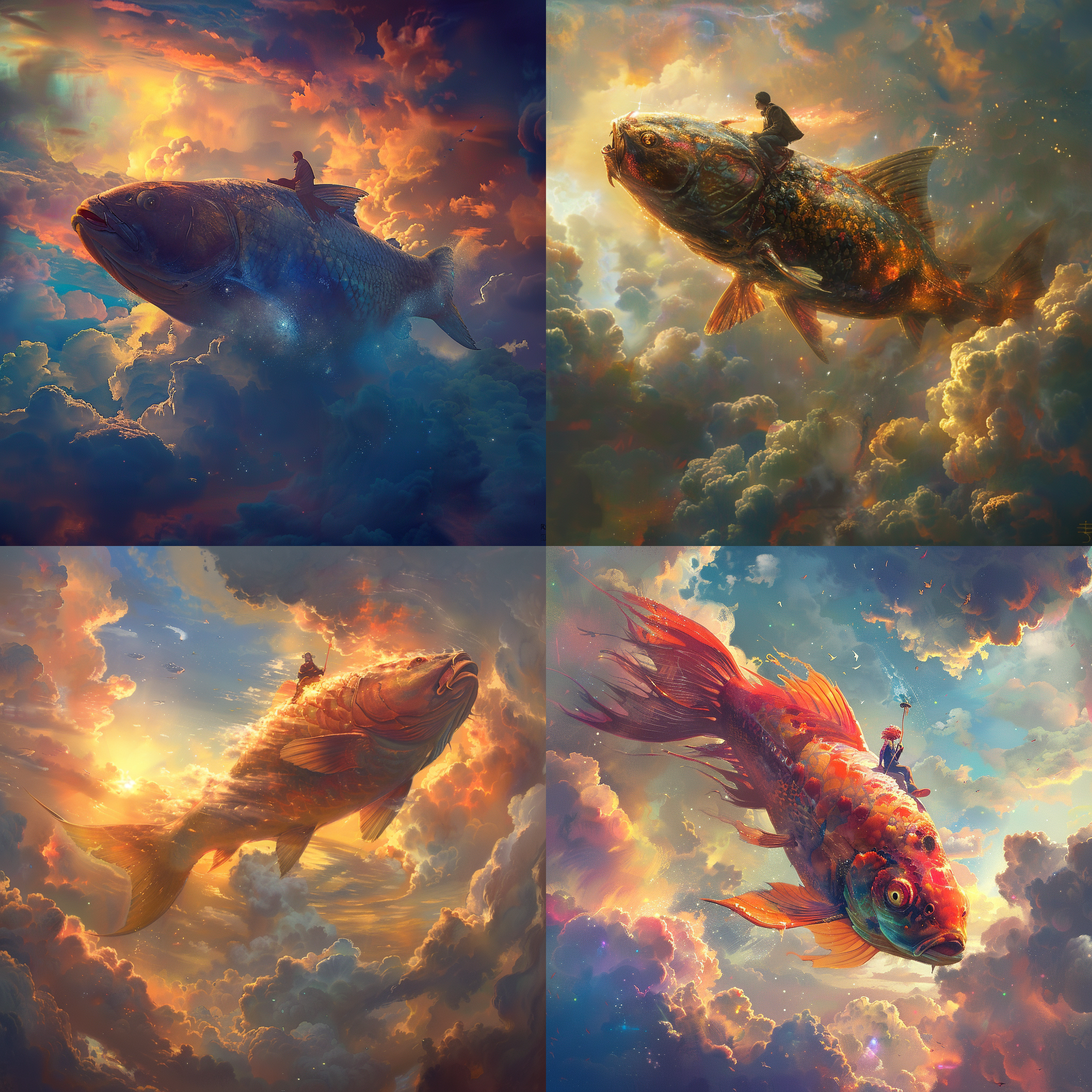 巨大鱼穿云，人坐鱼头，远距离广角拍摄，魔幻，云层环境，色彩鲜艳，梦幻光影，飘逸动作，神秘情感。