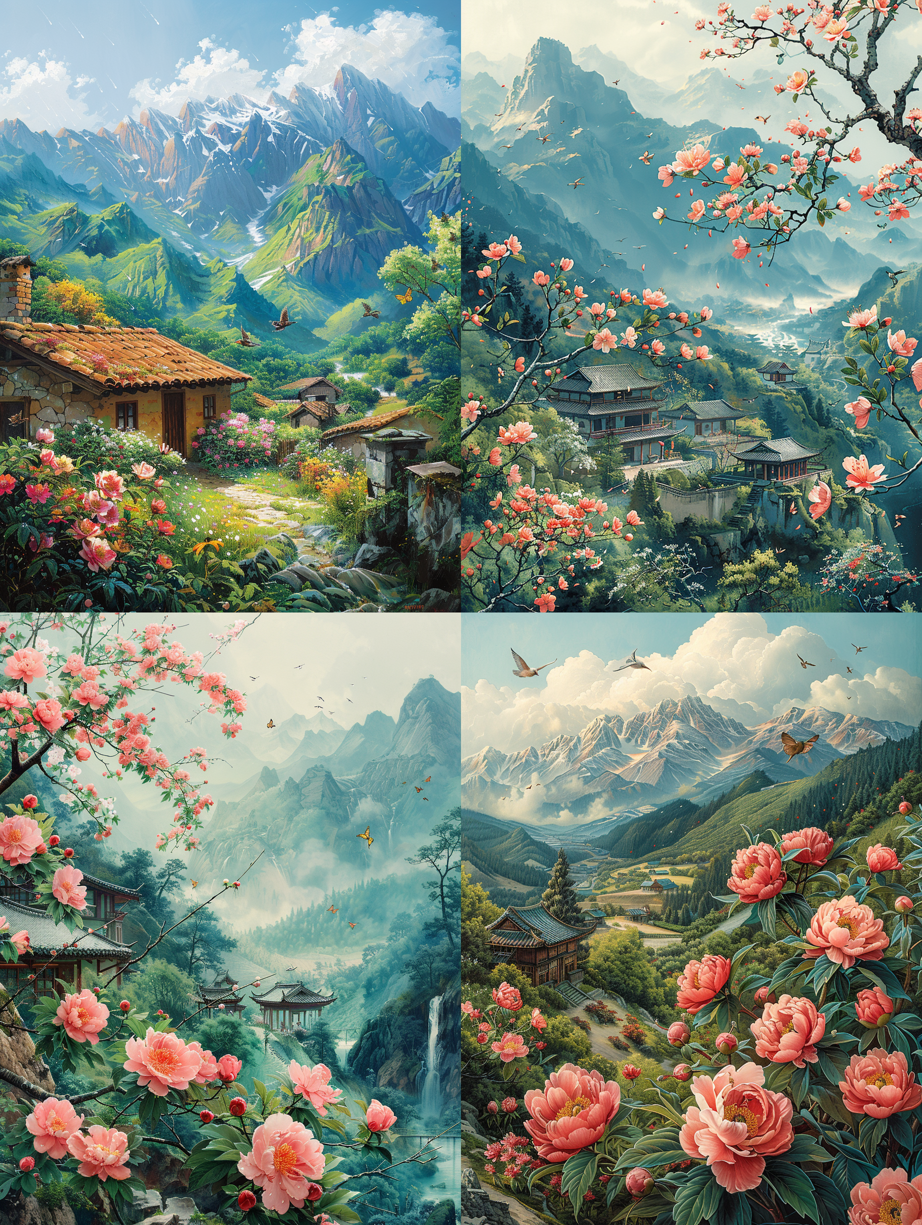 春日田园，绿色盎然，山峦苍翠，牡丹盛放，蜜蜂蝴蝶飞舞，小鸟欢唱，春雷响起。农民播种耕作，生机勃勃。谷雨节气图，展现春天美丽与农事忙碌。高清，高品质。