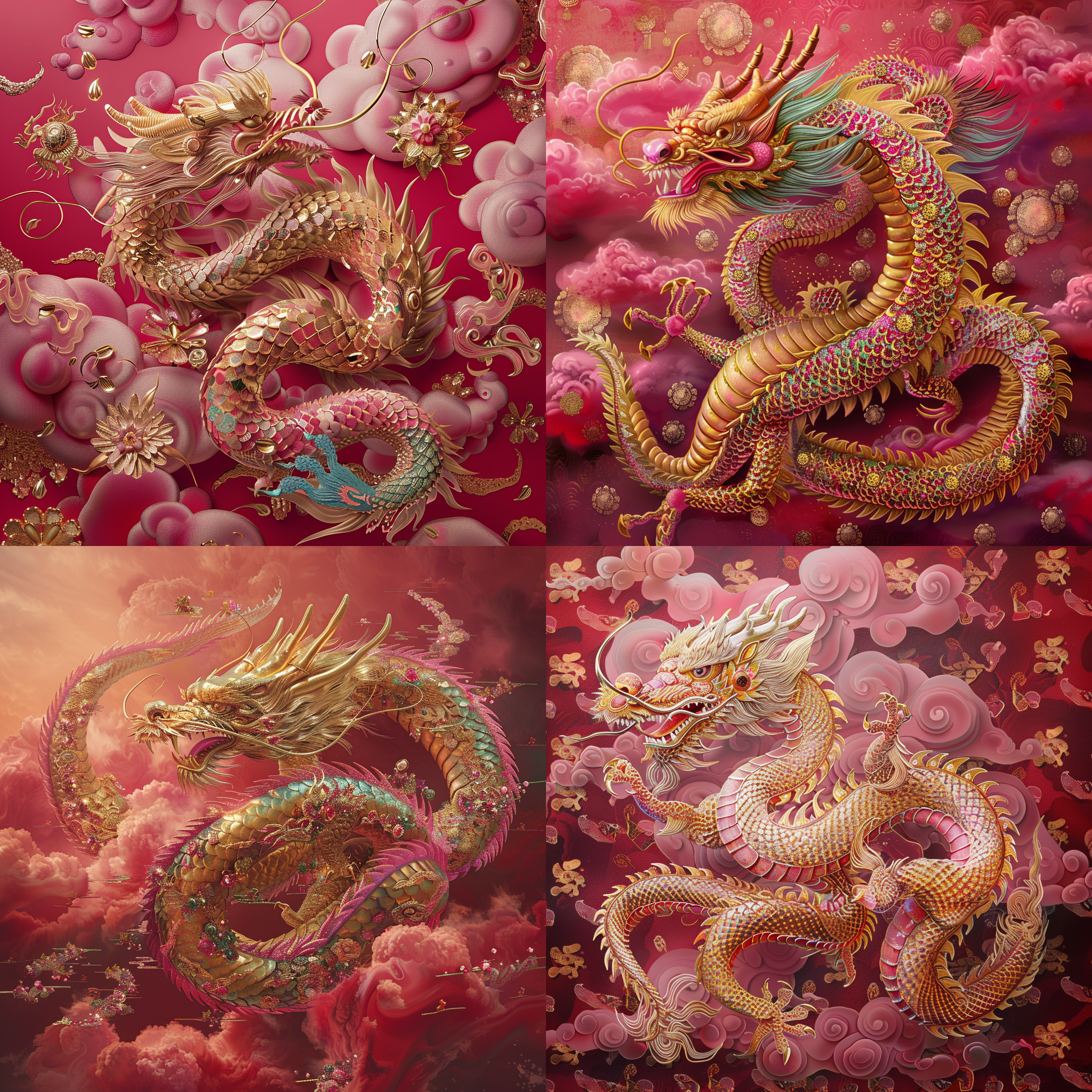 中国龙壁纸，镶有珠宝的金色粉红龙，闪闪发光，红色背景上有镀金祥云，大画布格式，细节丰富，数字渲染，新年氛围，梦幻迷雾，莱卡镜头，格雷格·奥尔森风格，德米特里·斯皮罗斯，安娜和埃琳娜·巴尔布索，卡特尔核心，迷幻超现实主义风格，32k分辨率，450像素，3:4宽高比，仙境。