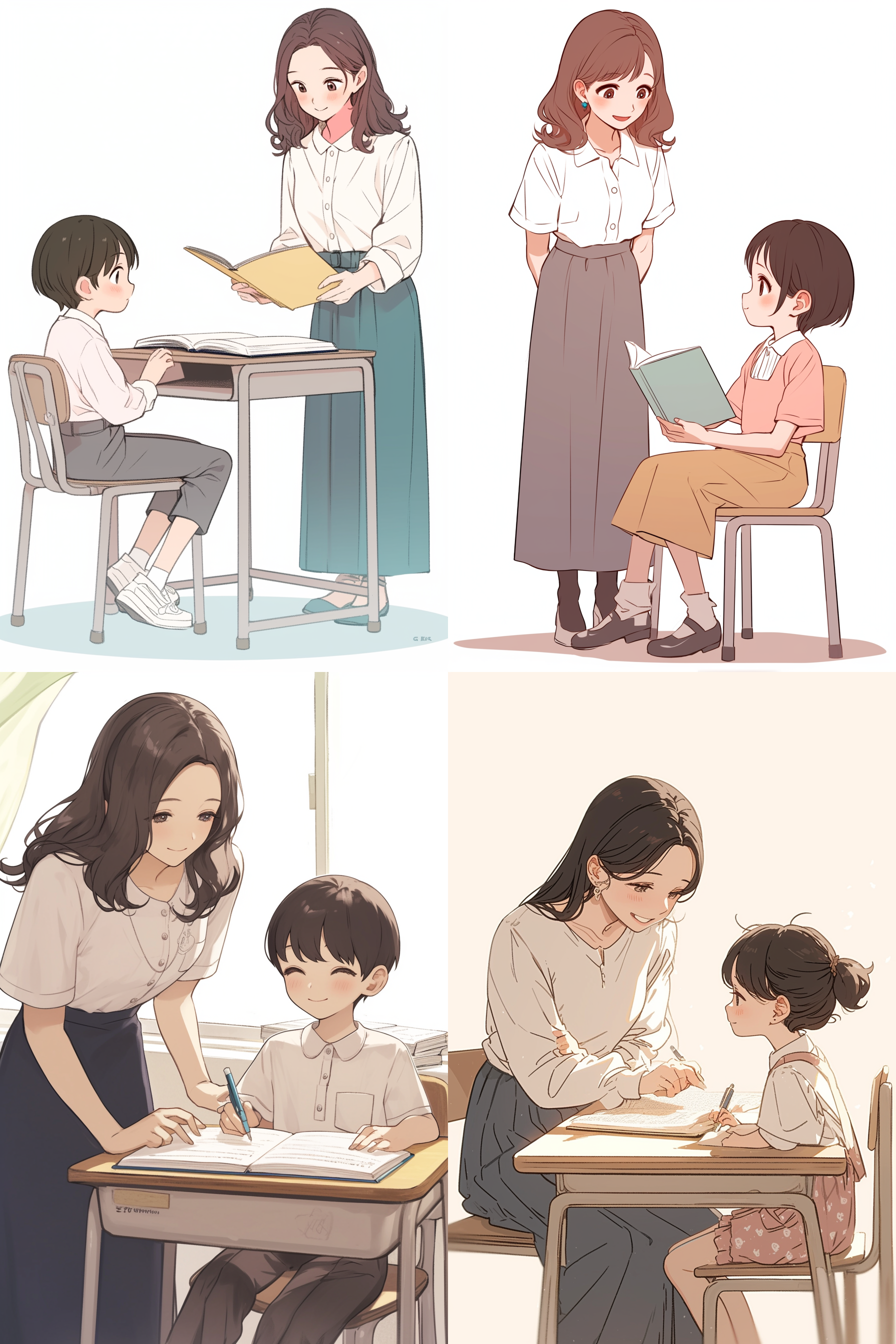 一个小学生在认真的学习，在桌子边读书，一个女老师站立在旁边看着她，微笑，人物全景，白色背景