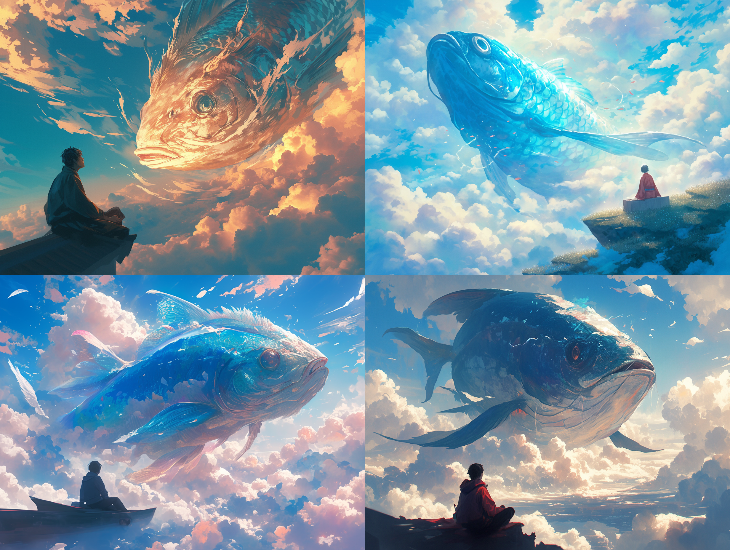 巨大鱼穿云，人坐鱼头，远距离广角拍摄，魔幻，云层环境，色彩鲜艳，梦幻光影，飘逸动作，神秘情感。