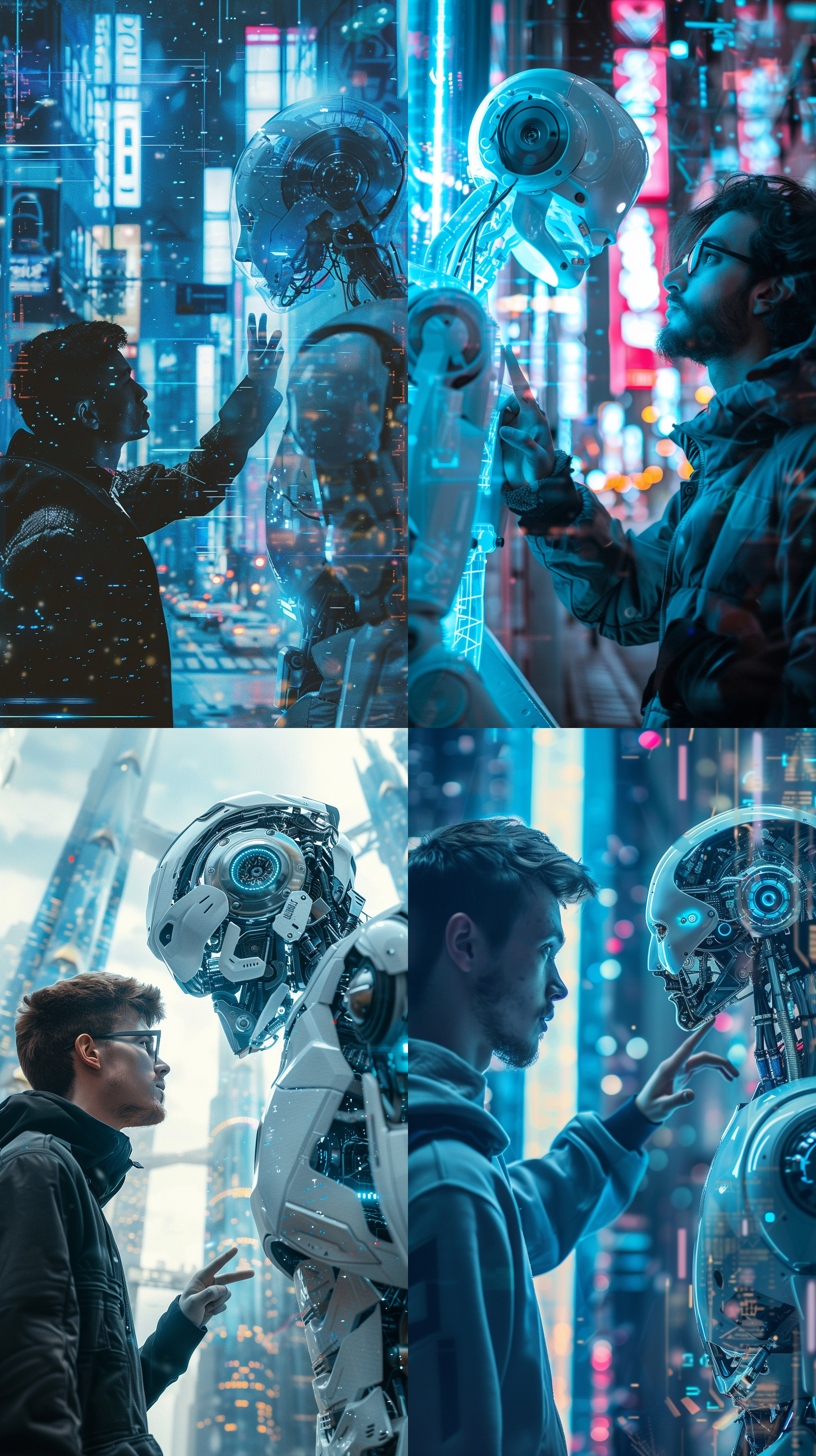 现代人与机器人对峙，分屏构图，科幻风格，18号字体，侧脸，指向，白蓝色调，未来城市，现代城市，高科技，对角线布局，数字艺术，数码风格，对比度。