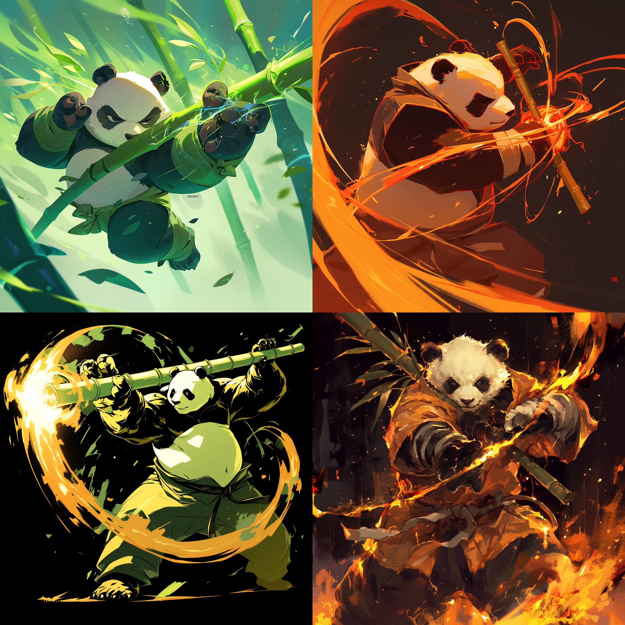 熊猫手握竹子，武侠风格，火花，动感布局，暗色调，长焦镜头，侧光，高速快门，战斗动作，震撼，冷峻。