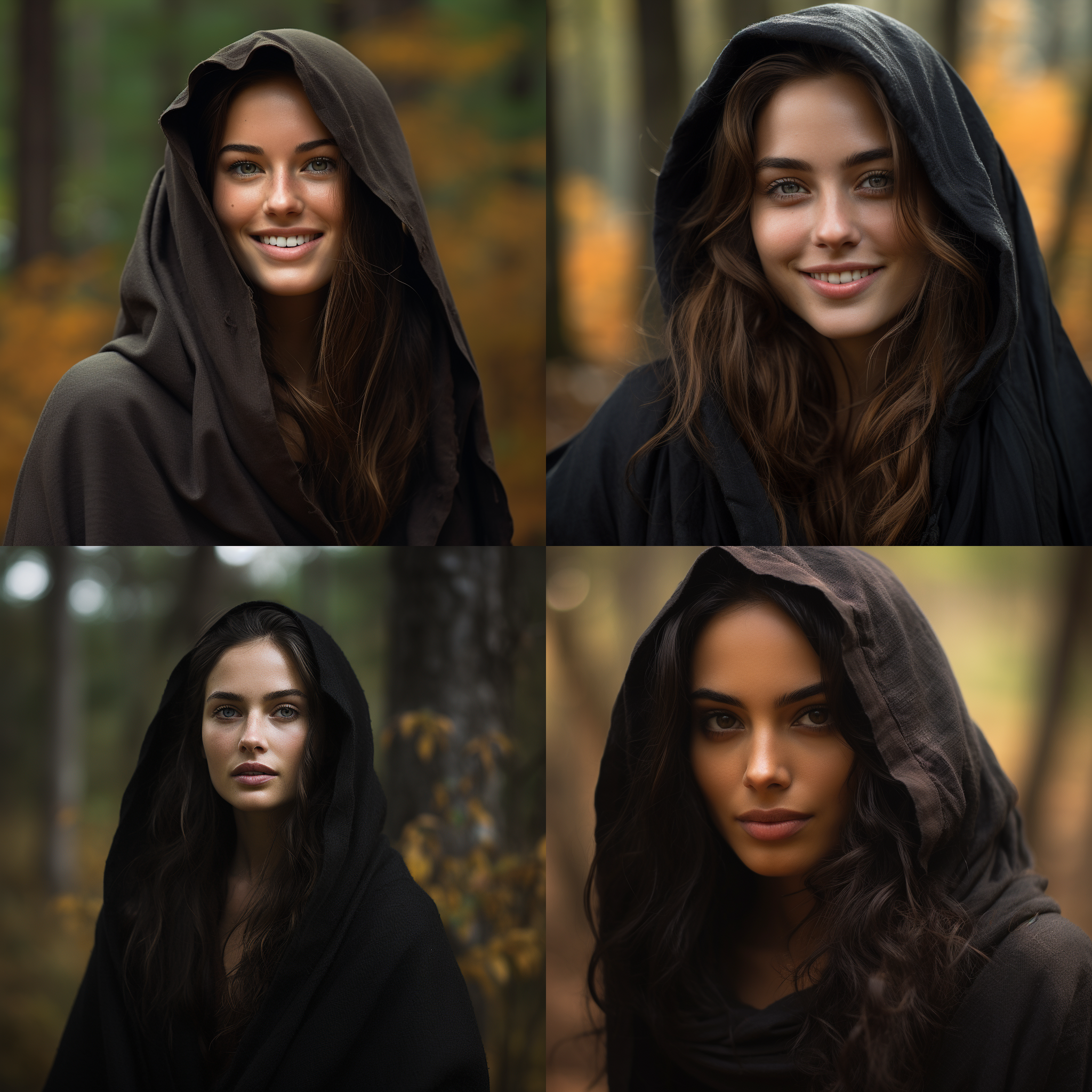 人物细化，面部特写，披着长黑披风，深邃眼神，褐色秋天森林背景，柔和光线，低对比度，35毫米镜头，微笑，自然动作，中性色调，平静。