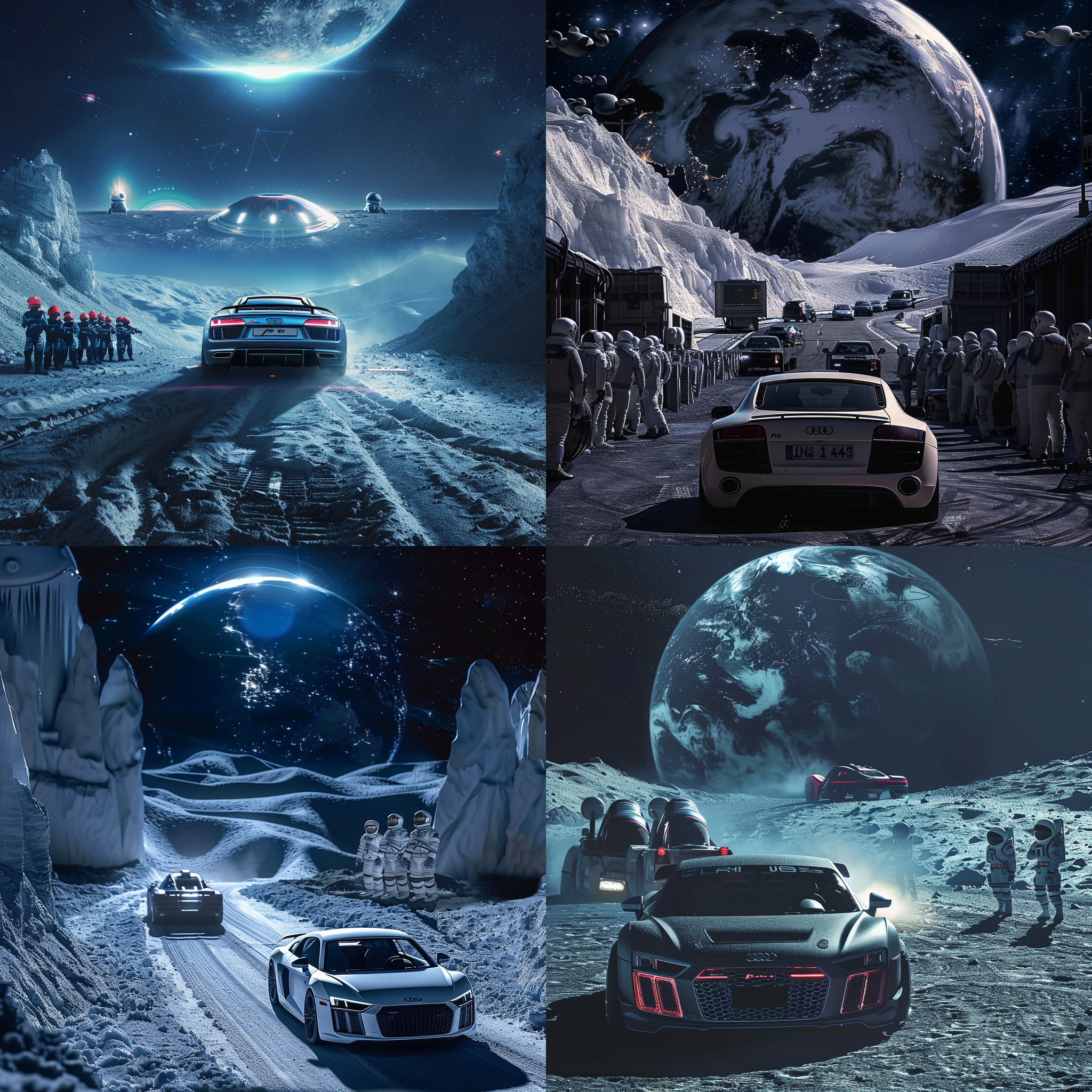 超现实电影拍摄的一辆奥迪r8跑车，类似于未来电影中的汽车在大街上行驶在月球的街头上。有一群穿着外星人在看这个场景 天空上映射着地球-ar 16:9-v 6.0