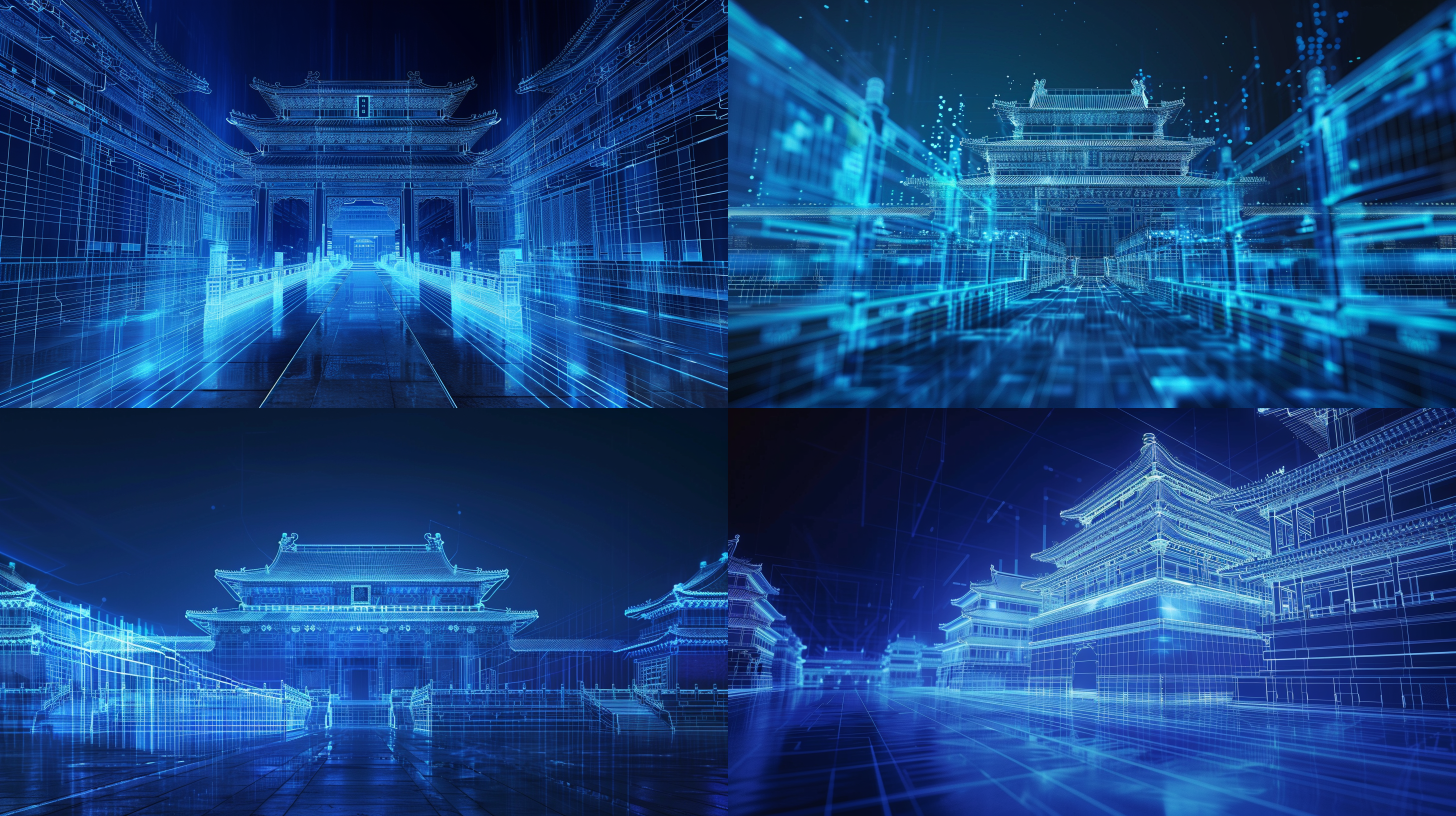 line-based visualization: the forbidden city,glow on translucent background, blue, 8k, wireframe
