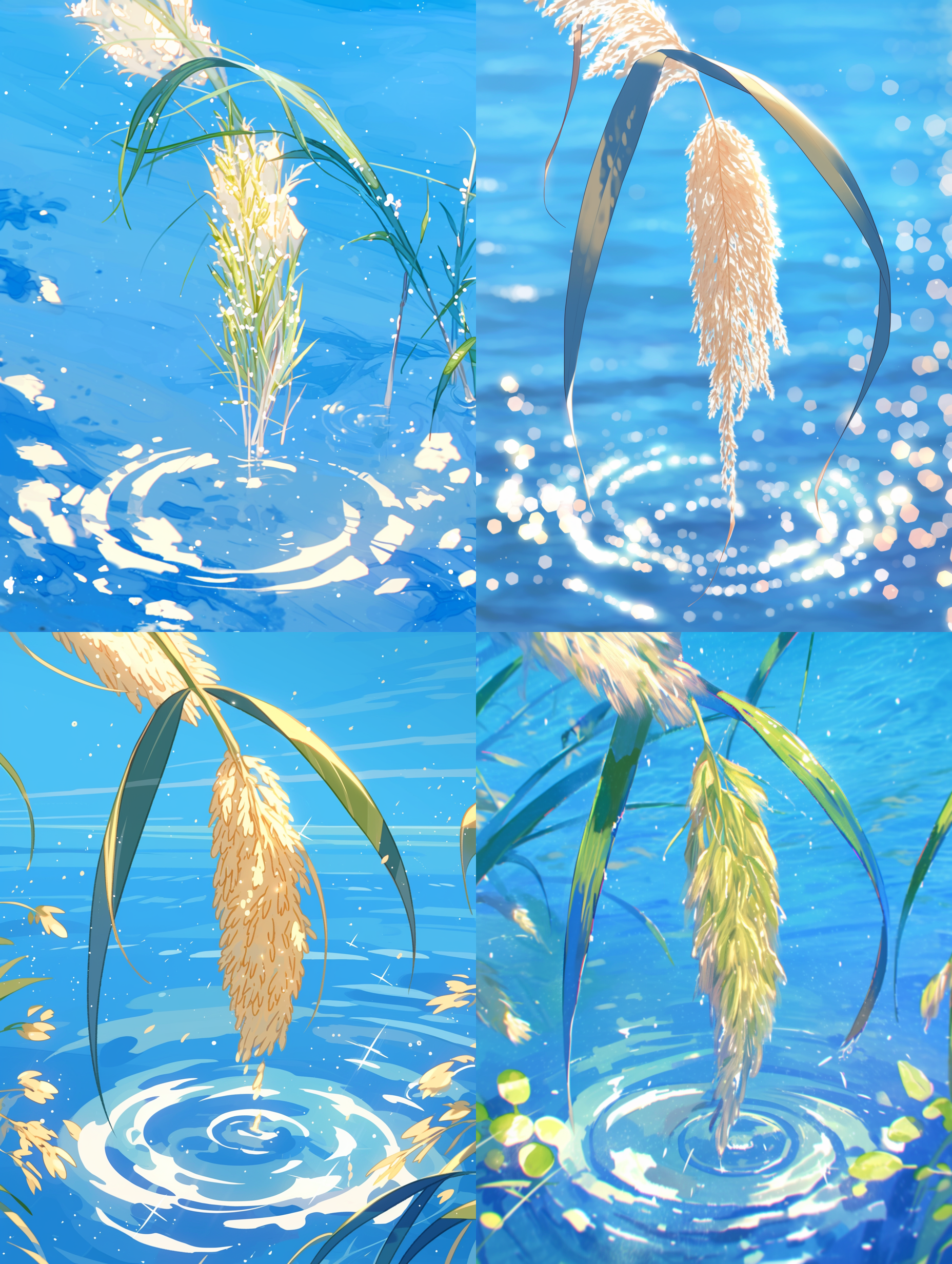 海洋小草，清澈的海水，飘摇的小草，阳光，沙地，高质量，精致细节，温暖唯美的 涟漪，自然光，微距镜头，静态，和谐色调，宁静。