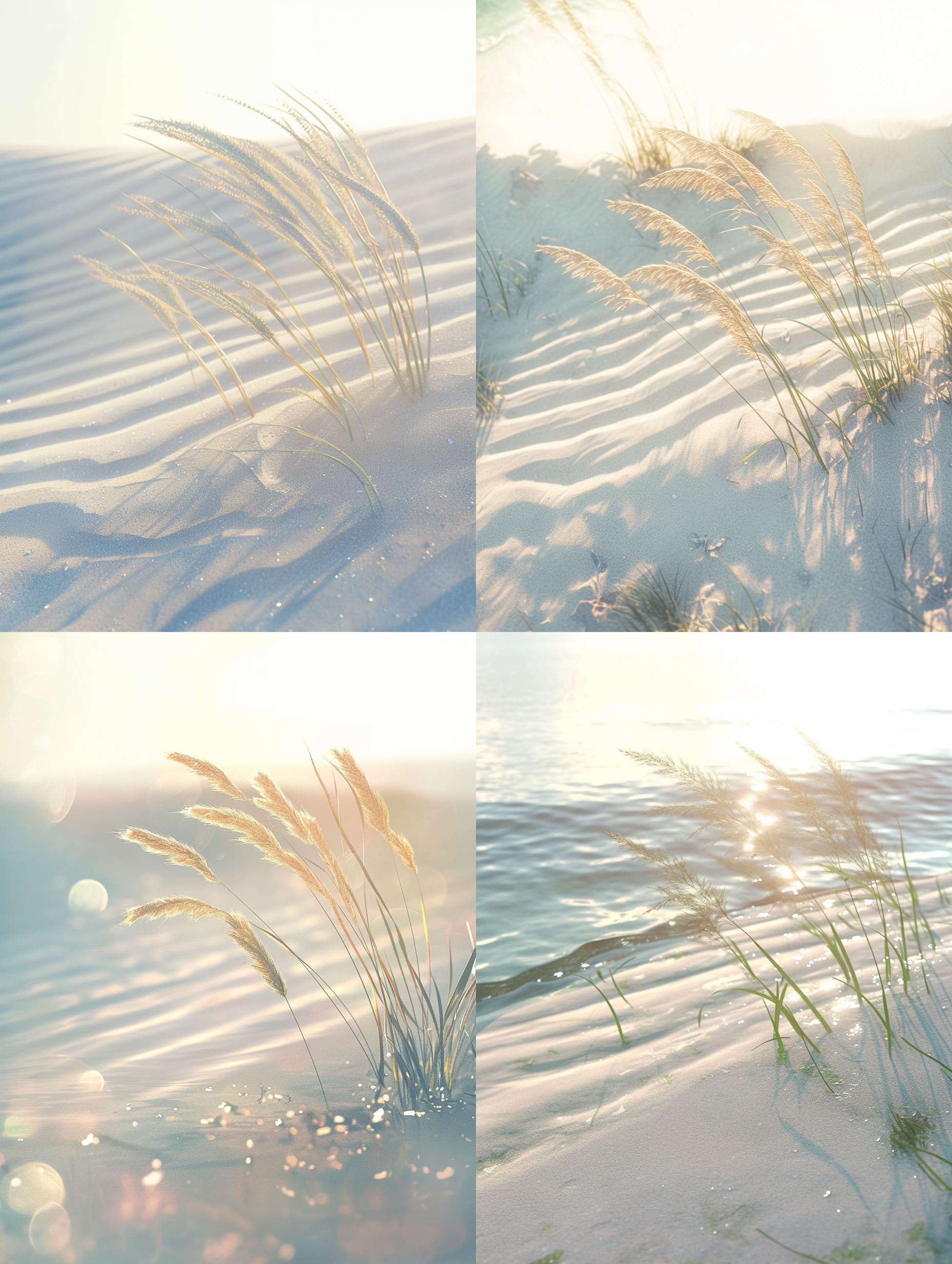 海洋小草，清澈的海水，飘摇的小草，阳光，沙地，高质量，精致细节，温暖唯美的 涟漪，自然光，微距镜头，静态，和谐色调，宁静。