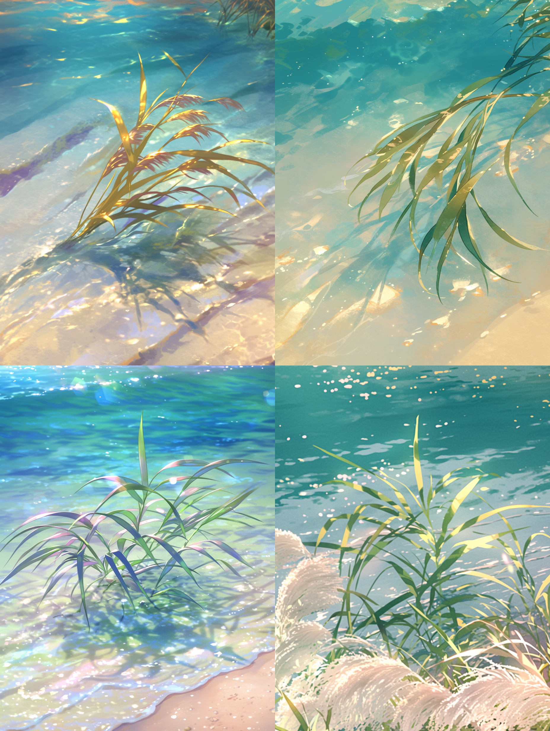 海洋小草，清澈的海水，飘摇的小草，阳光，沙地，高质量，精致细节，温暖唯美的 涟漪，自然光，微距镜头，静态，和谐色调，宁静。