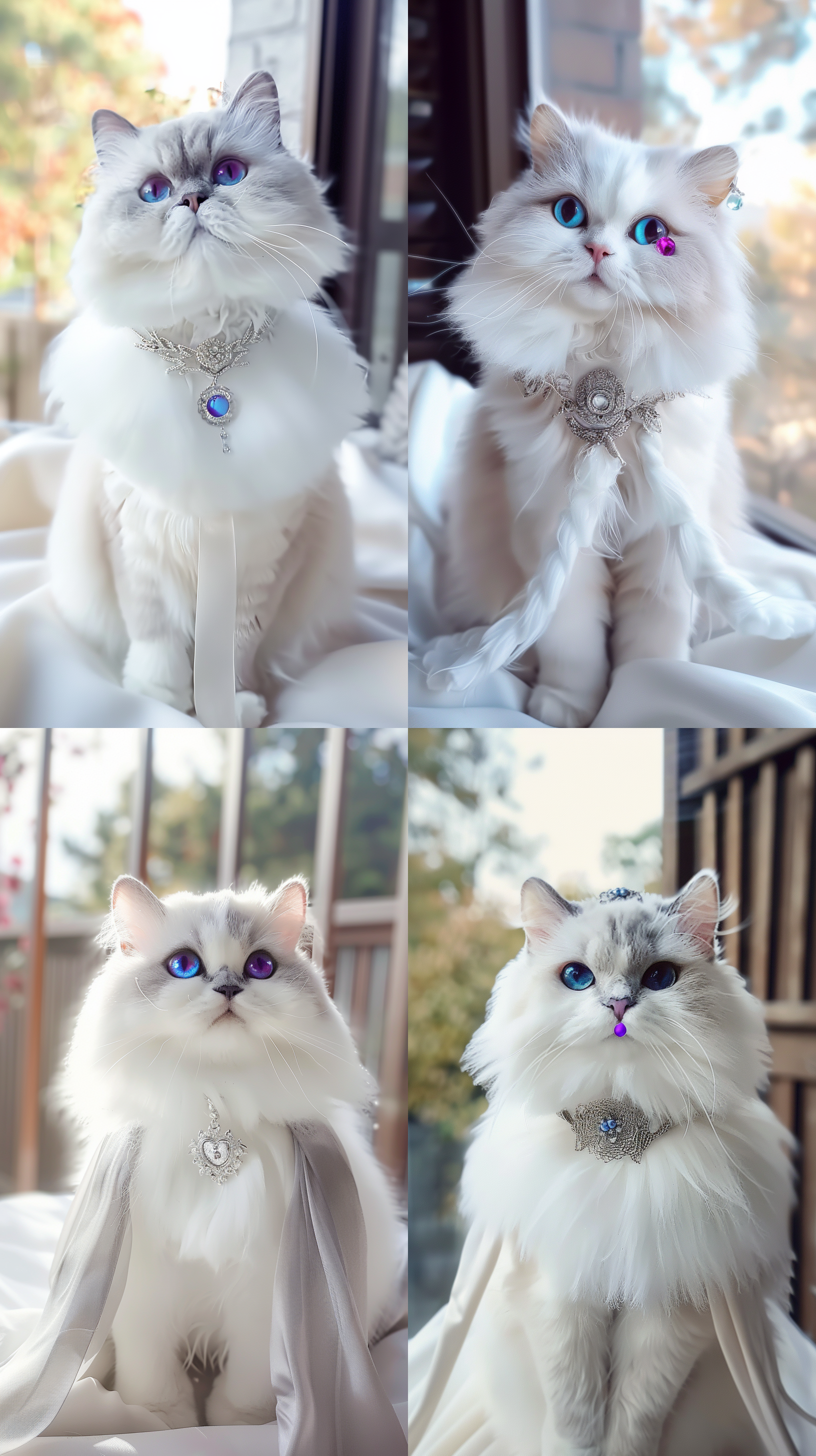 白色布偶猫，紫黑双眼灵动有神，佩戴精致饰品，背景温馨舒适，室内光线柔和，浅景深，高清晰度，摄于正面，突出猫咪优美姿态和气质。主题色调以白色和紫色为主，呈现高级感和优雅气质。