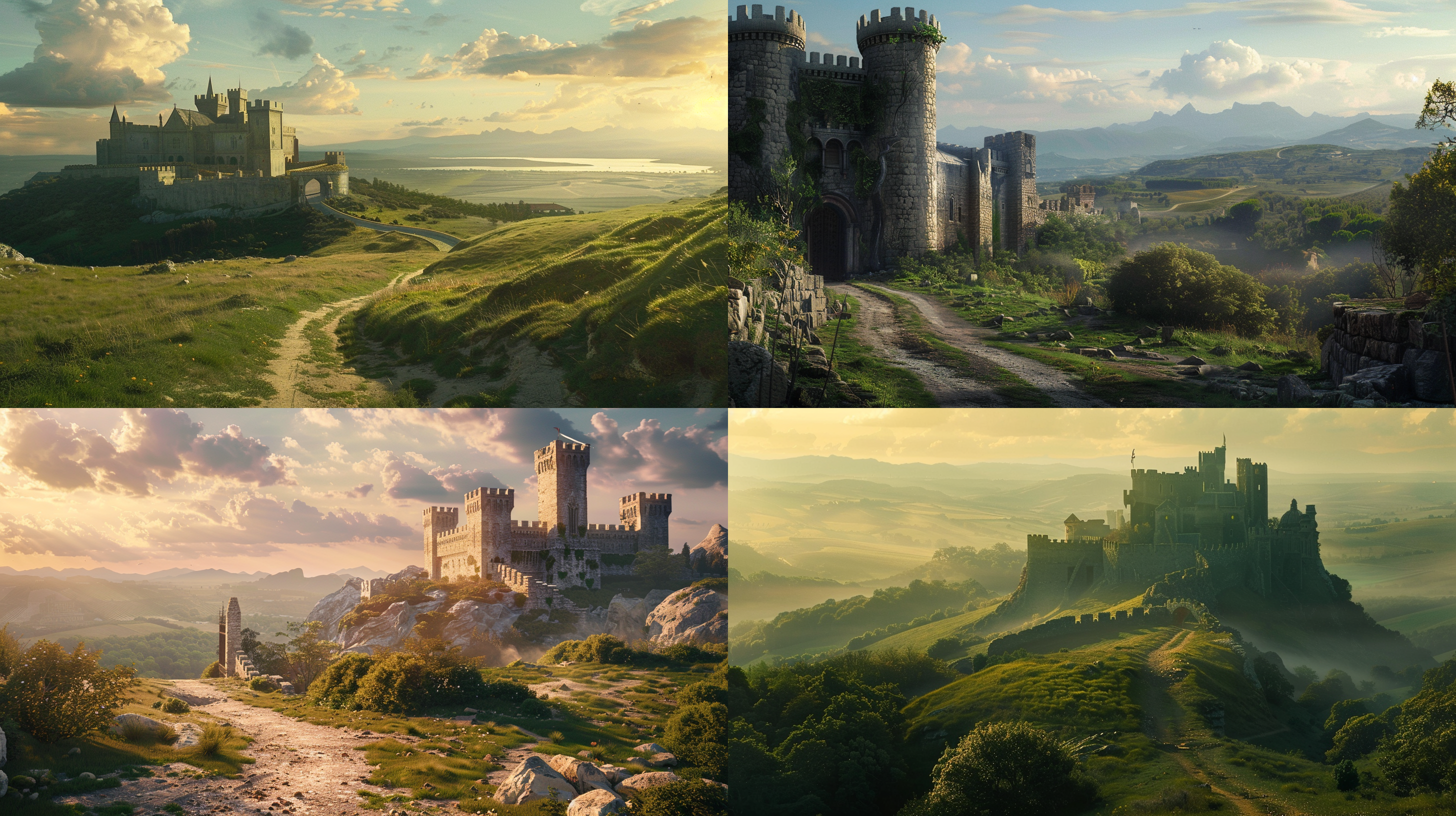 古堡风光，远景拍摄，16：9宽屏，古堡挺立，背景是起伏的山丘和广阔的天空，暖阳投射长影，中世纪气息，绿意盎然，蜿蜒小径通往大门，气势恢宏，时光倒流，骑士王朝。