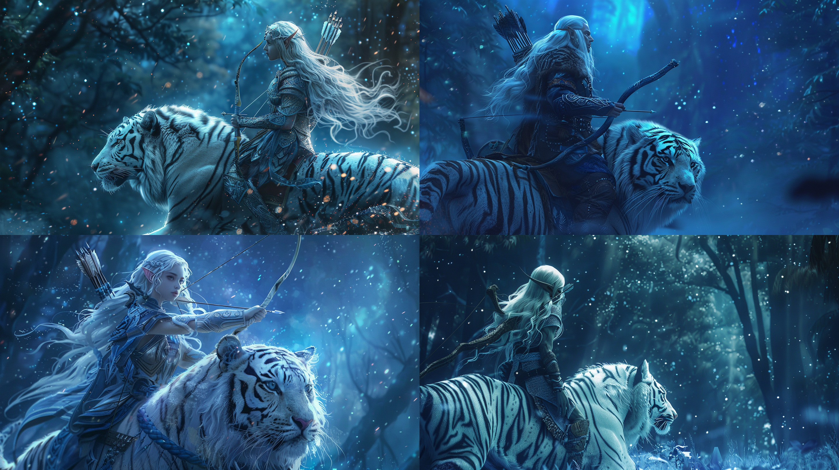 背弓箭的白发精灵骑在强壮的白虎的背上，北欧风格，星空背景，奇幻森林，蓝色调，中远景，柔光，慢速快门，仰角视角，凝望，宁静，最高画质。