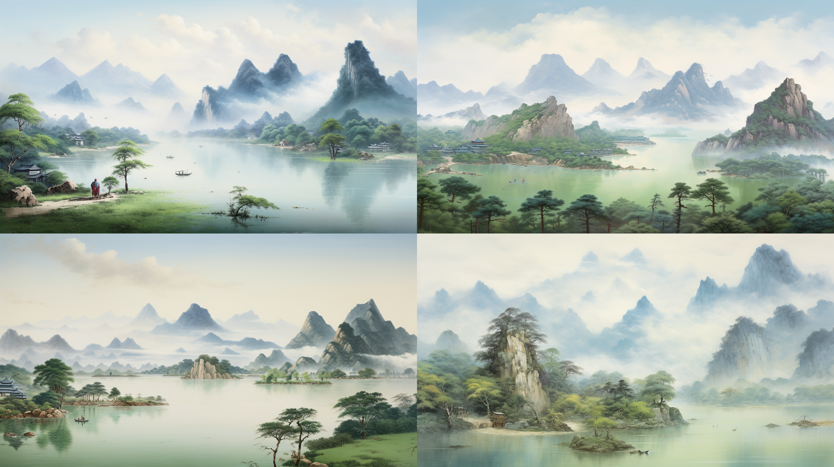 山水画卷，全图在青绿设色的统一格调下，显得富丽而古艳，场面开阔，布局得当，生动传神丈山、尺树、寸马、豆人，的审美比例，宣纸的质感，隋代展子虔的风格