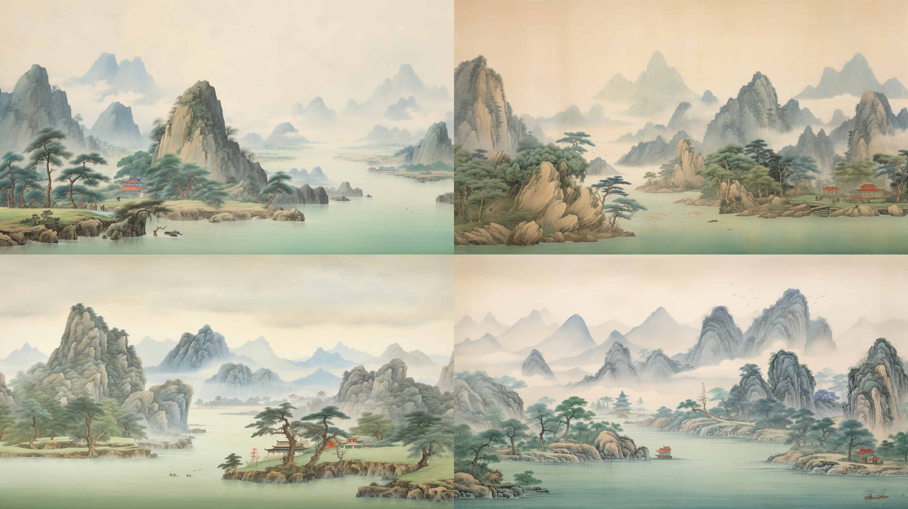 山水画卷，全图在青绿设色的统一格调下，显得富丽而古艳，场面开阔，布局得当，生动传神，丈山、尺树、寸马、豆人，的审美比例，宣纸的质感，隋代展子虔的风格