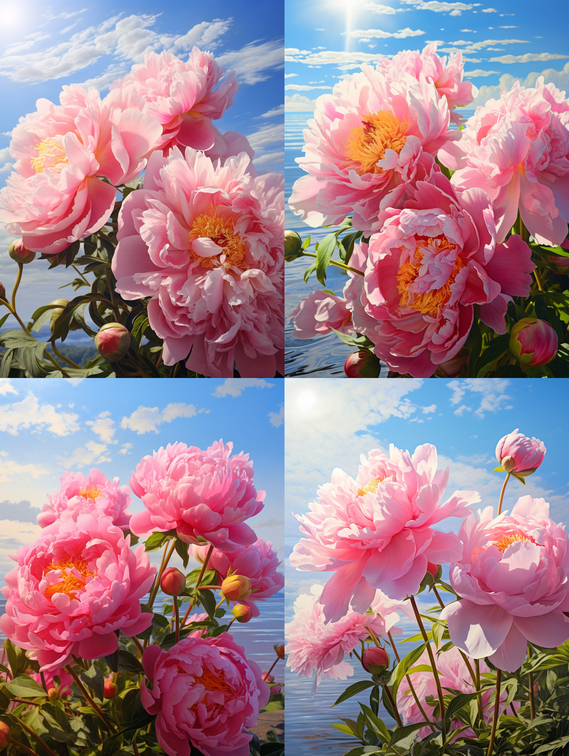 牡丹花海，远景视角，对角线布局，明亮阳光，大光圈，鲜艳色彩，静态，自然元素，花朵细节，壮观景象。