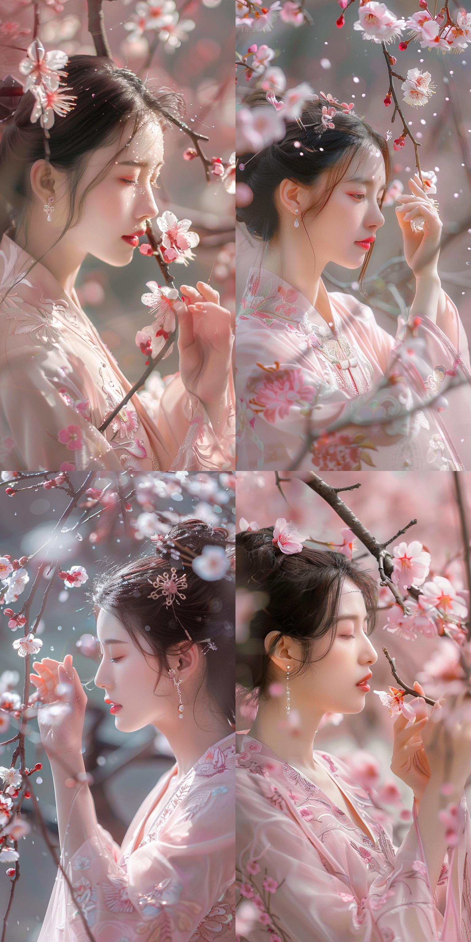 明时节，一位身着传统汉服的女子在伸出手去抚摸桃花，镜头聚焦在桃花上，桃花上有几滴露水，细节优化，16k输出，复古色调，柔和光线，静谧氛围