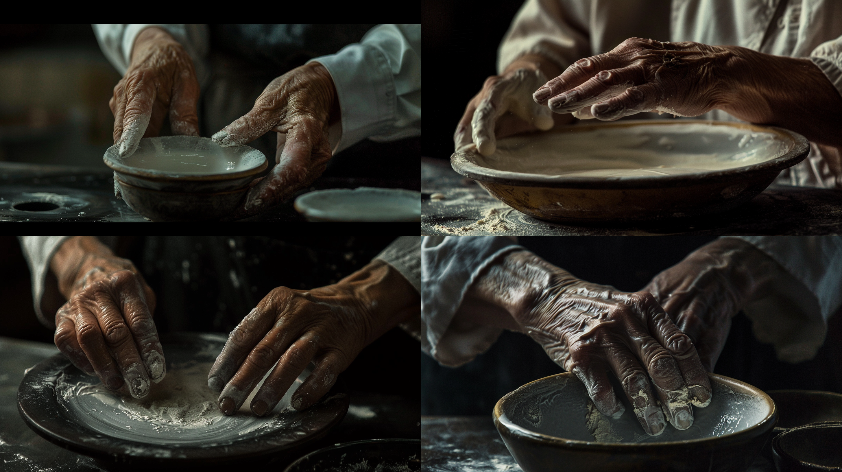 瓷器加工，手特写，背景暗调，超清, 手工艺，细节，精细纹理，匠人技艺，柔和光线，神秘感
