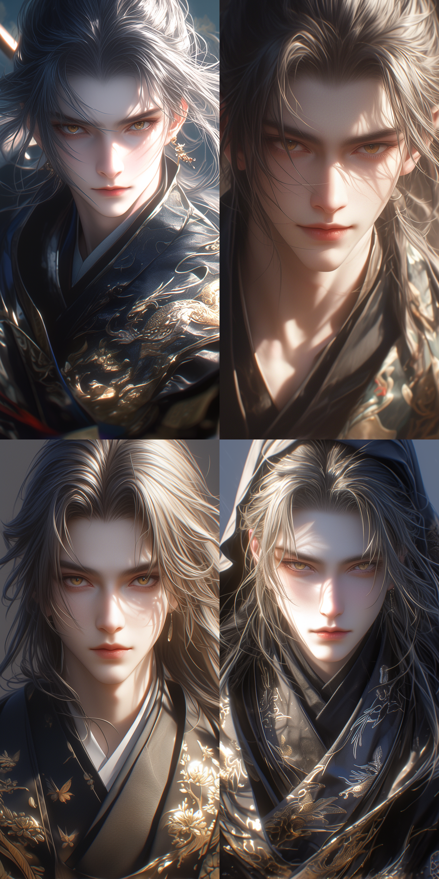 一个中国古代年轻的男子，超级帅气高级精致面容，眉毛细长，有双眼皮，奶茶色长发，简易头饰，金色的眼睛，薄唇饱满线条清晰，顺光，极尽逼真，超清画质，8k，古风，古建筑，3d建模，对称的脸，复杂的细节，主观视角，逼真，上半身视角，黑色繁琐古装，湖水般清澈的凤眼