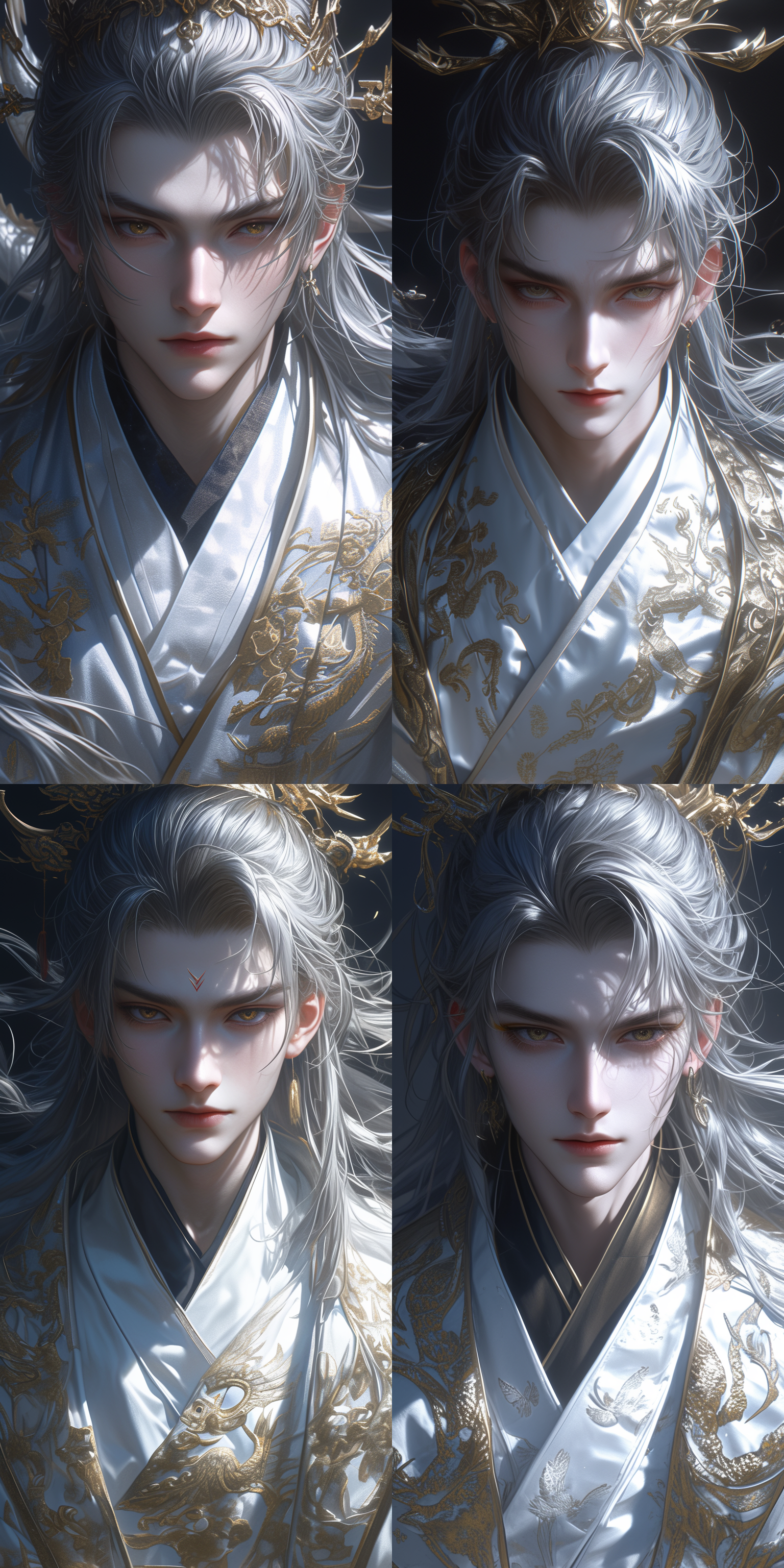 一个中国古代年轻的男子，超级帅气高级精致面容，眉毛细长，有双眼皮，奶茶色长发，简易头饰，金色的眼睛，薄唇饱满线条清晰，顺光，极尽逼真，超清画质，8k，古风，古建筑，3d建模，对称的脸，复杂的细节，主观视角，逼真，上半身，白色花素绫夹袍