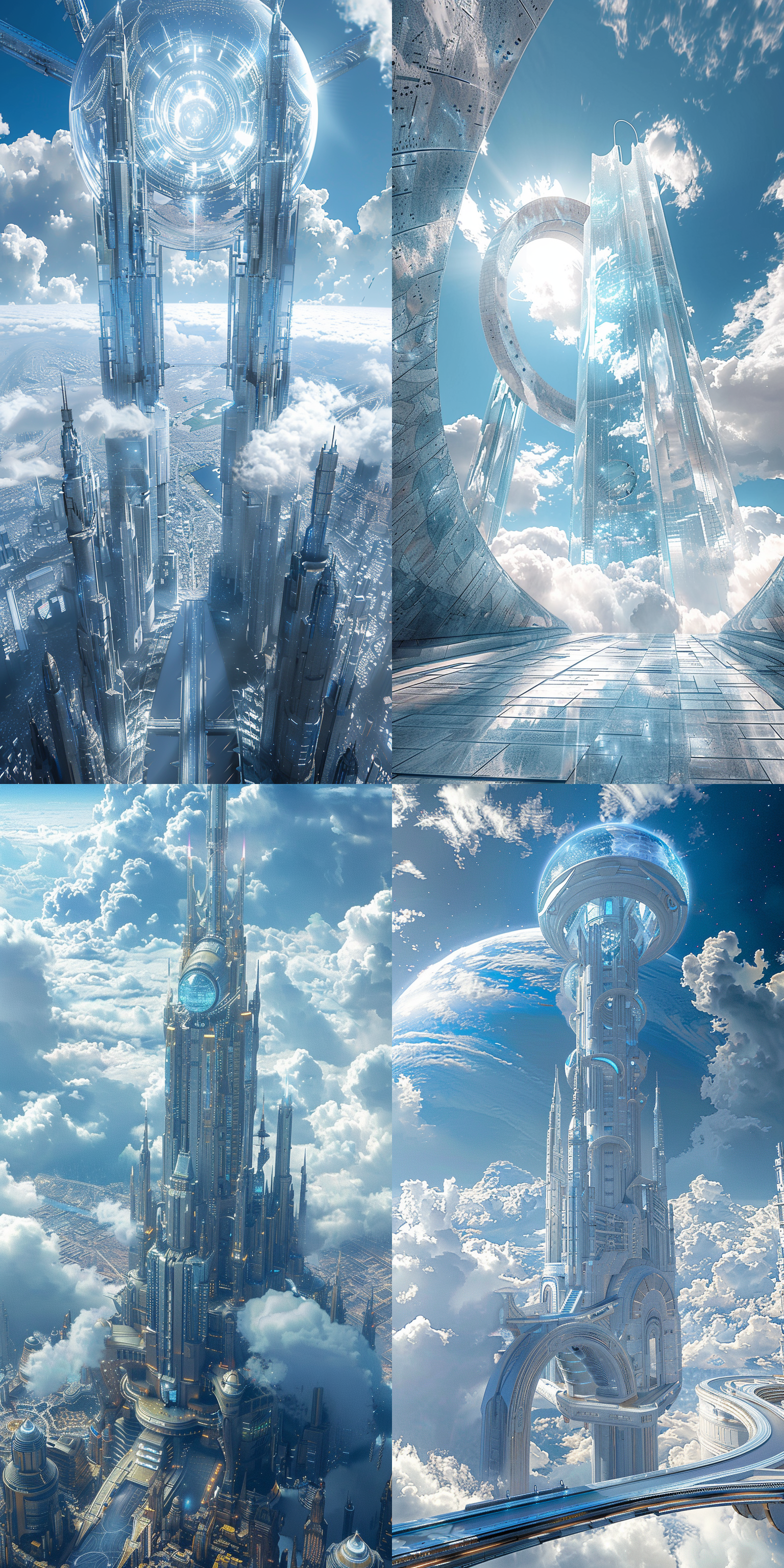 未来城堡，广角低角度，蓝白调，光线通透，细节丰富，静谧氛围，高清晰度，全景深，自然光，科技感，未来主义建筑，金属质感，天空背景，云彩细节，远近层次感。