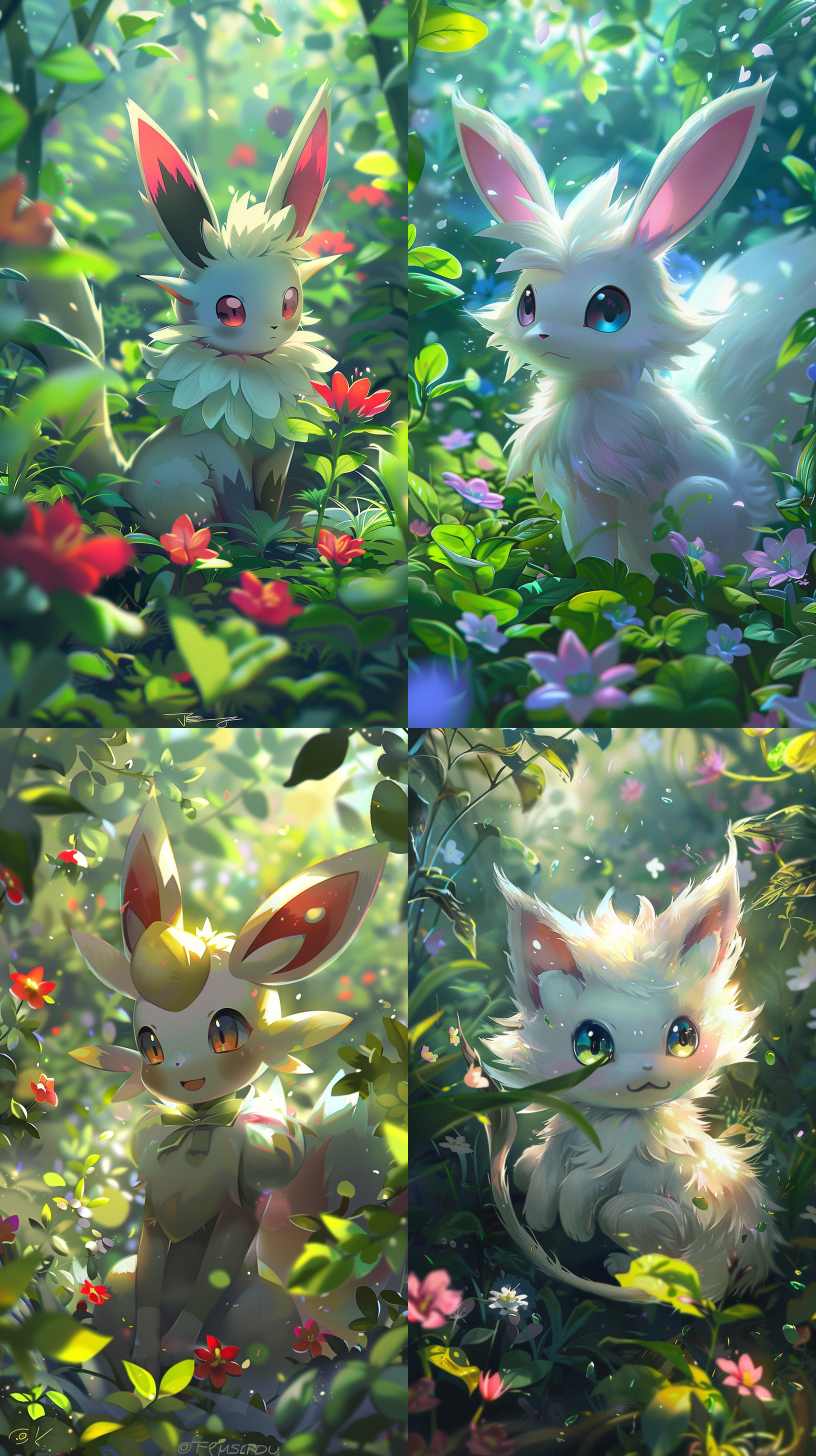 精灵宝可梦身姿优美，充满活力，它的眼睛闪闪发光，散发出神秘的光芒。周围环境布满了鲜艳的花朵和绿叶，仿佛置身于一个神奇的森林世界中。精灵宝可梦的毛发细腻柔软，色彩绚丽多彩，每一个细节都展现出它的灵动和可爱。整个画面充满了魔幻和奇幻的氛围，让人感受到一种神奇的美好。