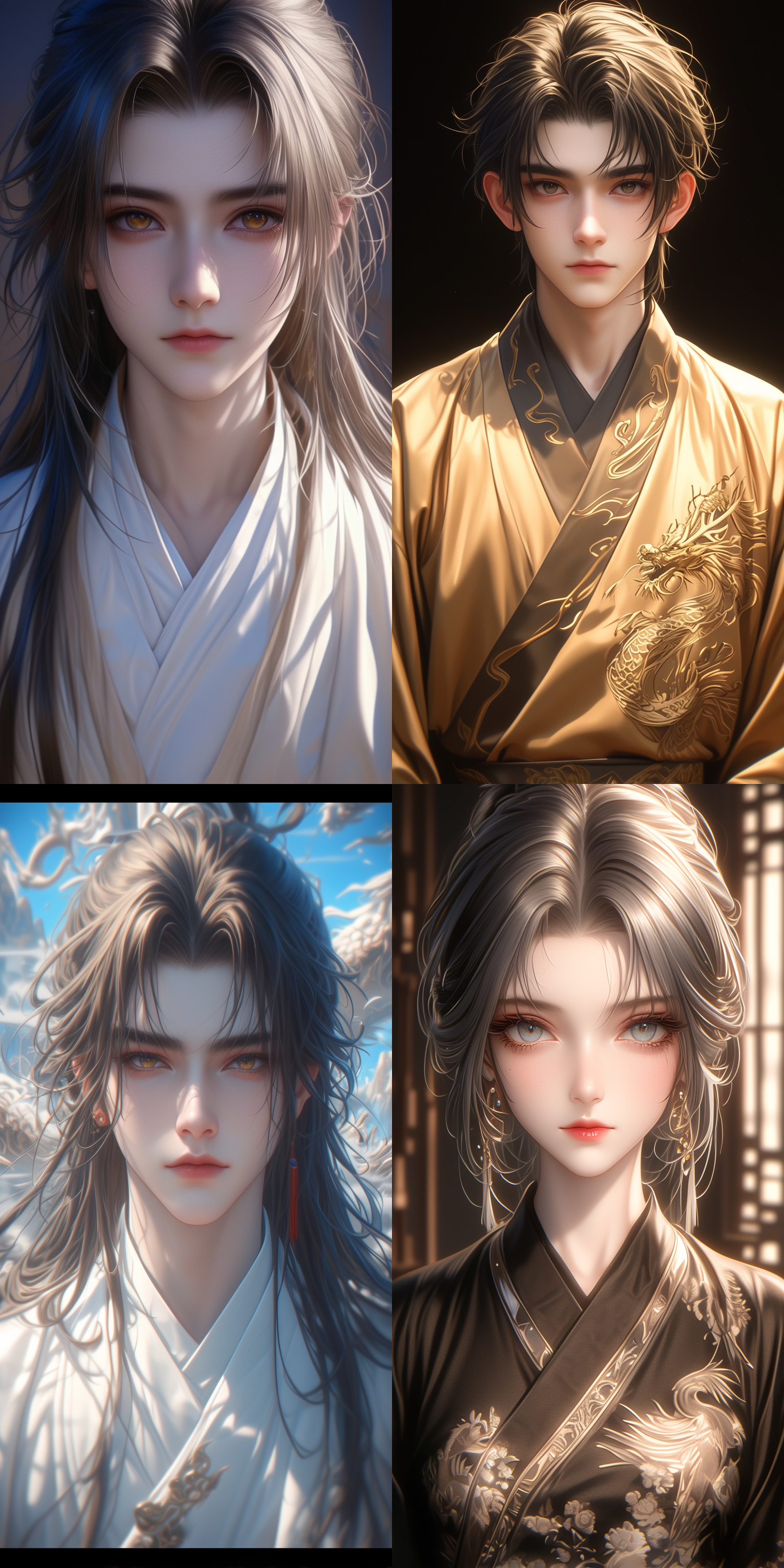 一个中国古代年轻的男子，超级帅气高级精致面容，眉毛细长，有双眼皮，奶茶色长发，简易头饰，金色的眼睛，薄唇饱满线条清晰，顺光，极尽逼真，超清画质，8k，古风，古建筑，3d建模，对称的脸，复杂的细节，逼真，上半身视角，黑色繁琐古装，湖水般清澈的凤眼