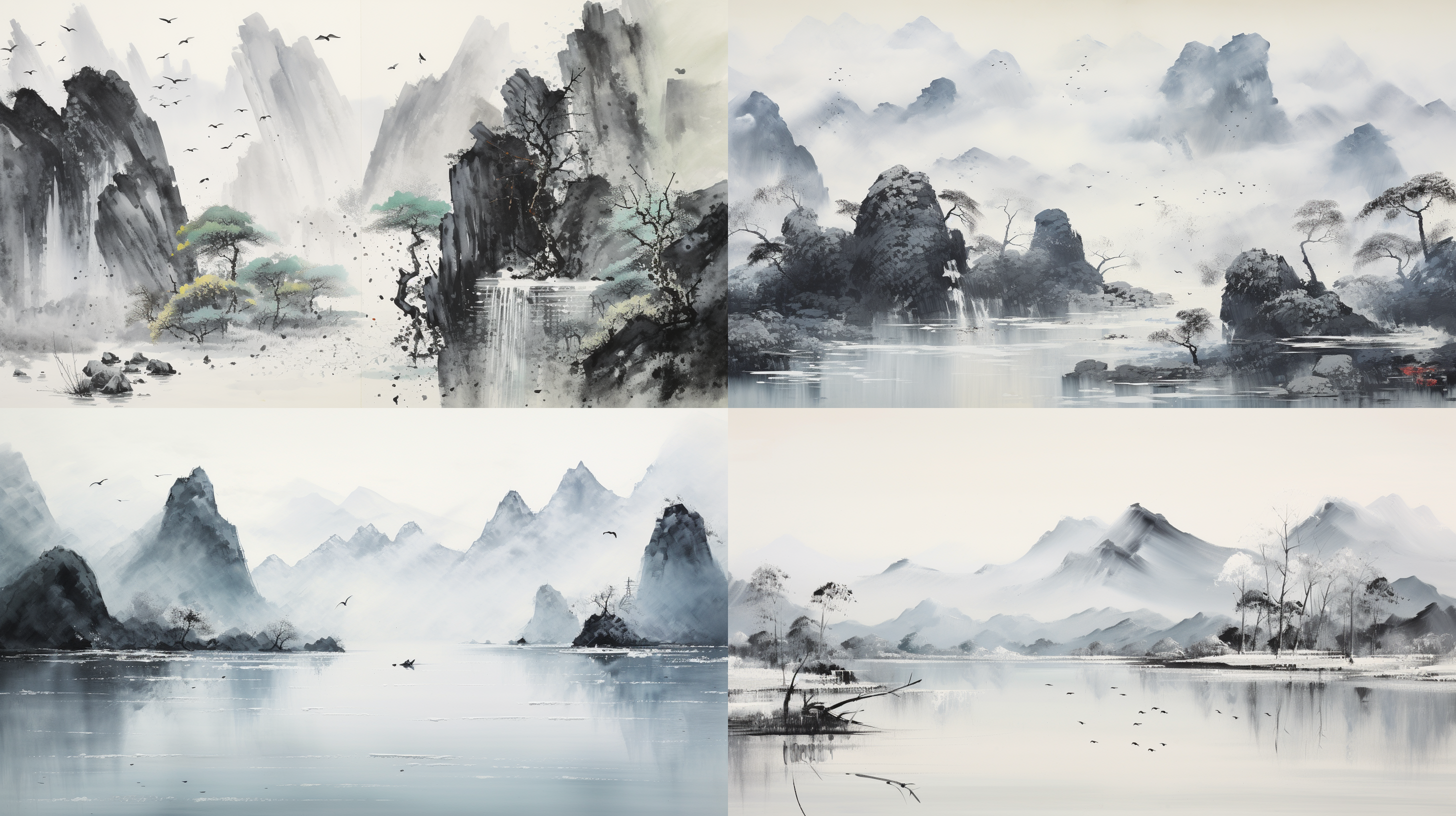 chinese ink landscape painting, wu guanzhong's splashing ink technique, uses wide-angle lenses to reflect the distant mountains and the light spirit of water. the texture of ancient rice paper,