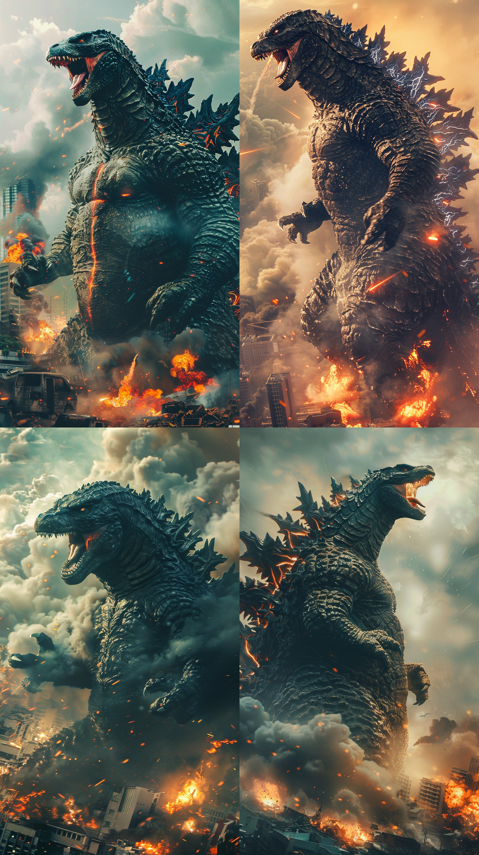 a giant japanese godzilla, dark green, opening its mouth and roaring, its skin is in a burning state, lava-like texture, with white smoke coming out of its body, stands above the city, with flames and smoke at its feet and all around it, the, next to ruins and shattered buildings, realistic style, photography, hd quality, pixel-perfect, 8k, complex details, photorealistic, photo taken with canon eos r5, trending on adobe stock