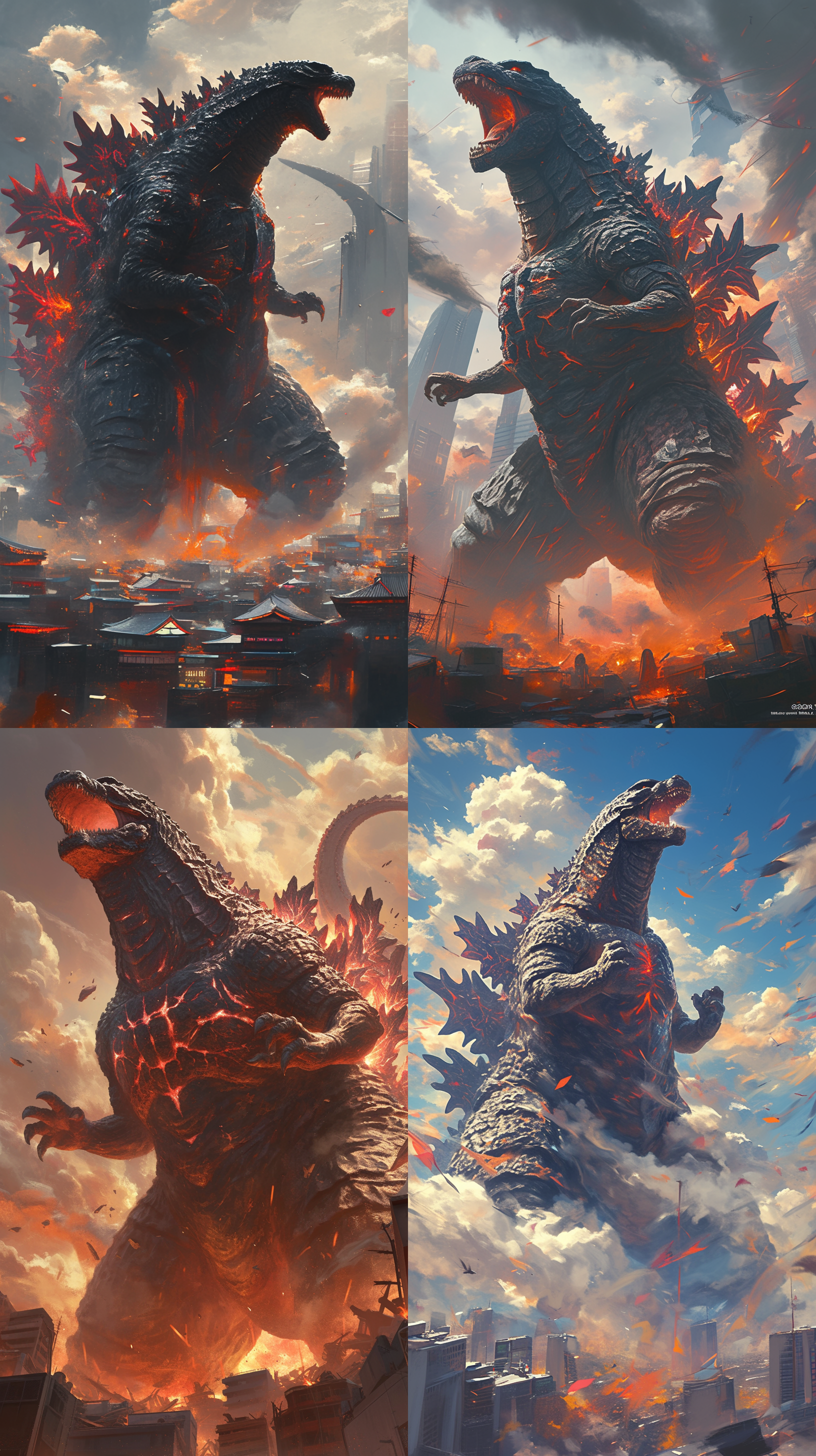 a giant japanese black godzilla, opening its mouth and roaring, its skin is in a burning state, lava-like texture, with white smoke coming out of its body, stands above the city, with flames and smoke at its feet and all around it, the, next to ruins and shattered buildings, realistic style, surrealistic murals,surrealistic details, desperate scenes, ultra hd, 32k,2d game art, cg