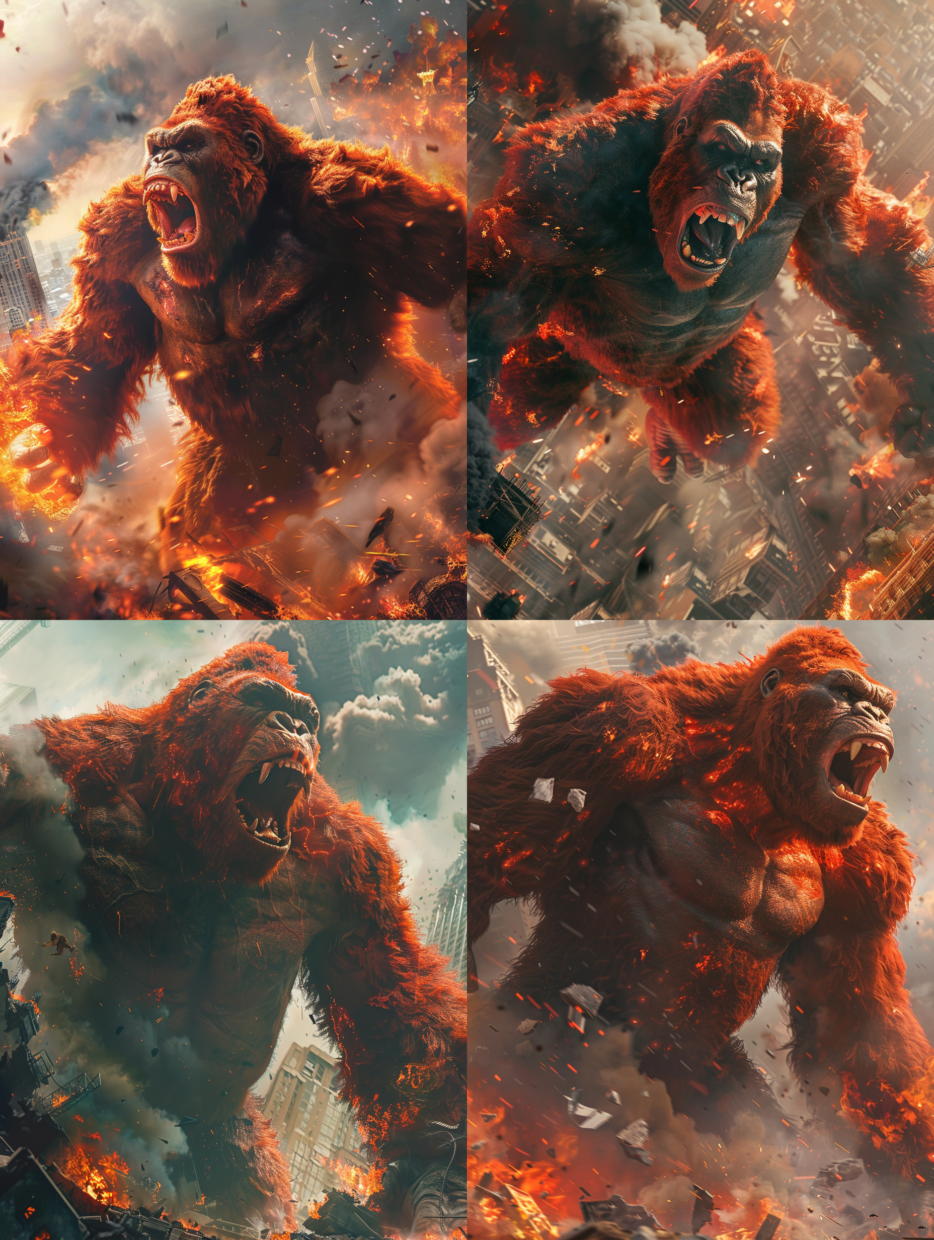 a huge red king kong with brownish-red fur, opening its mouth and roaring, its skin in flames, lava-like texture, white smoke coming out of its body, standing over the city, with flames and smoke under its feet and all around it, next to ruins and shattered buildings, realistic style, photography captured by canon eos r5, surrealistic details, desperate scene, ultra hd, pixel-perfect, high quality, 32k, cg