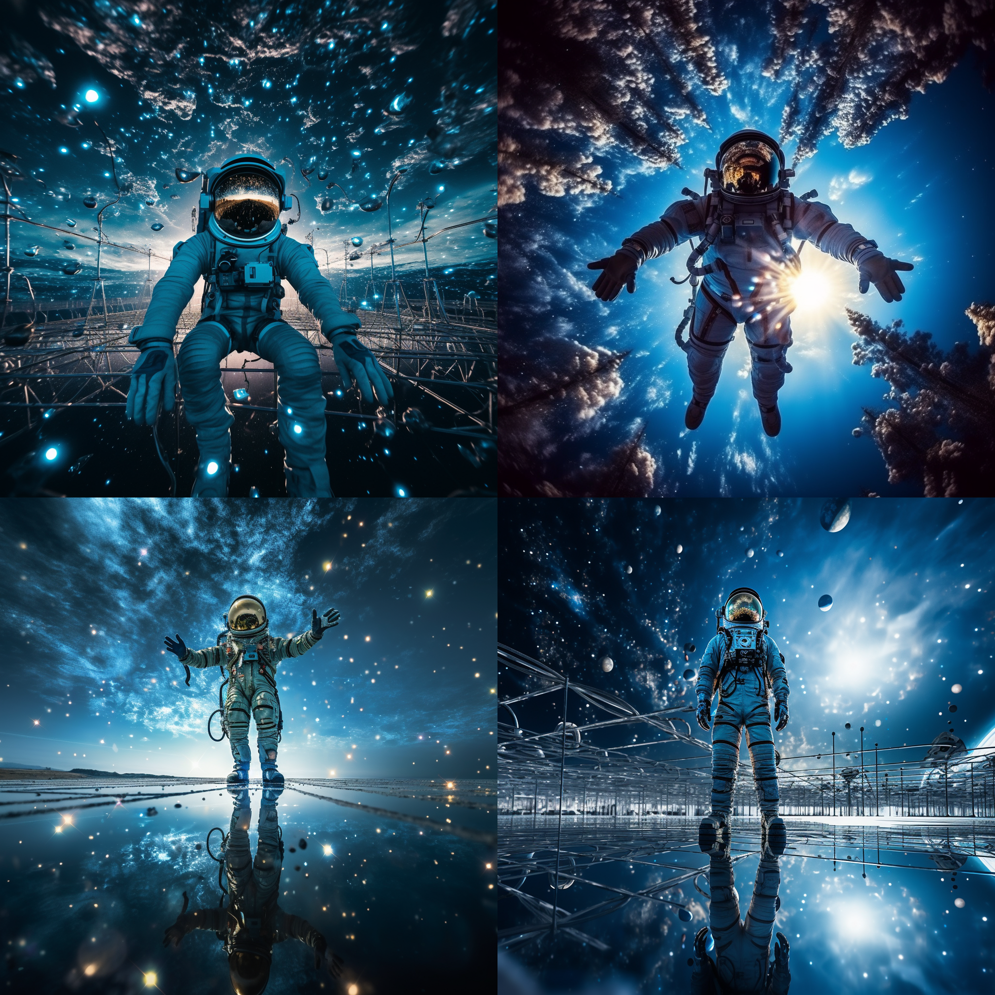 地球欢迎，宇宙风景，星空璀璨，太空服，微笑，蓝色调，超广角镜头，镜面反射，悬浮动作，神秘感。