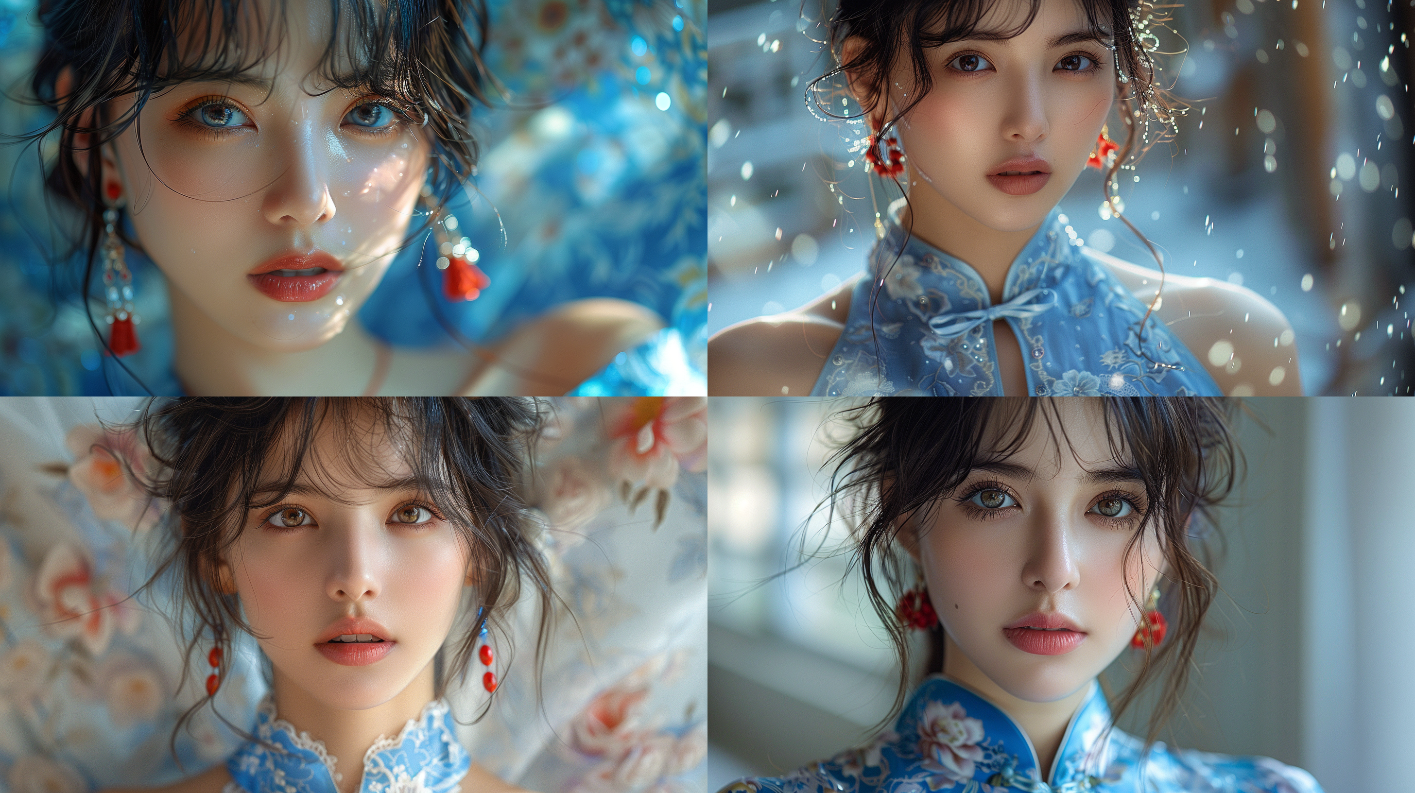 身穿白底蓝花旗袍，s形曲线，精致五官，齐刘海，短发，红色耳环v1，高对比度，8k分辨率，完美脸庞，微胖女孩，高细节，侧光，元气满满，暖色调，端庄优雅，细致吊坠，曼妙姿态。