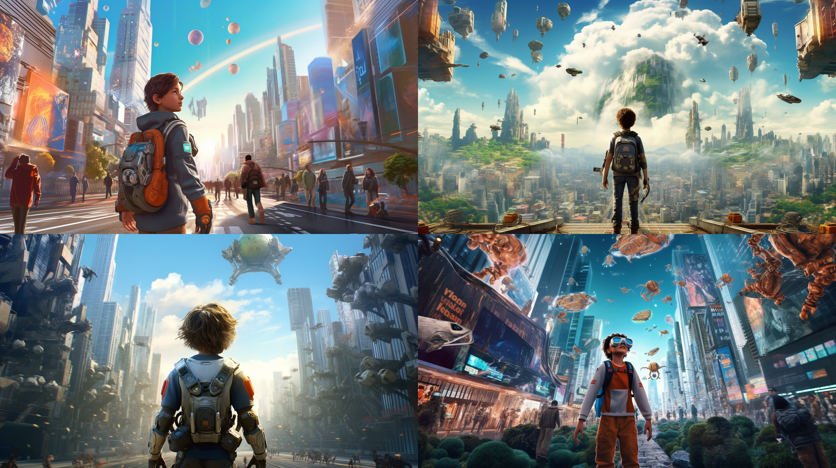 畅想未来，未来的城市，小男孩穿着机甲在马路中间执勤科技感，背景，仰视，天上有各种飞行器的交通工具，城市都是摩天大厦，8k，