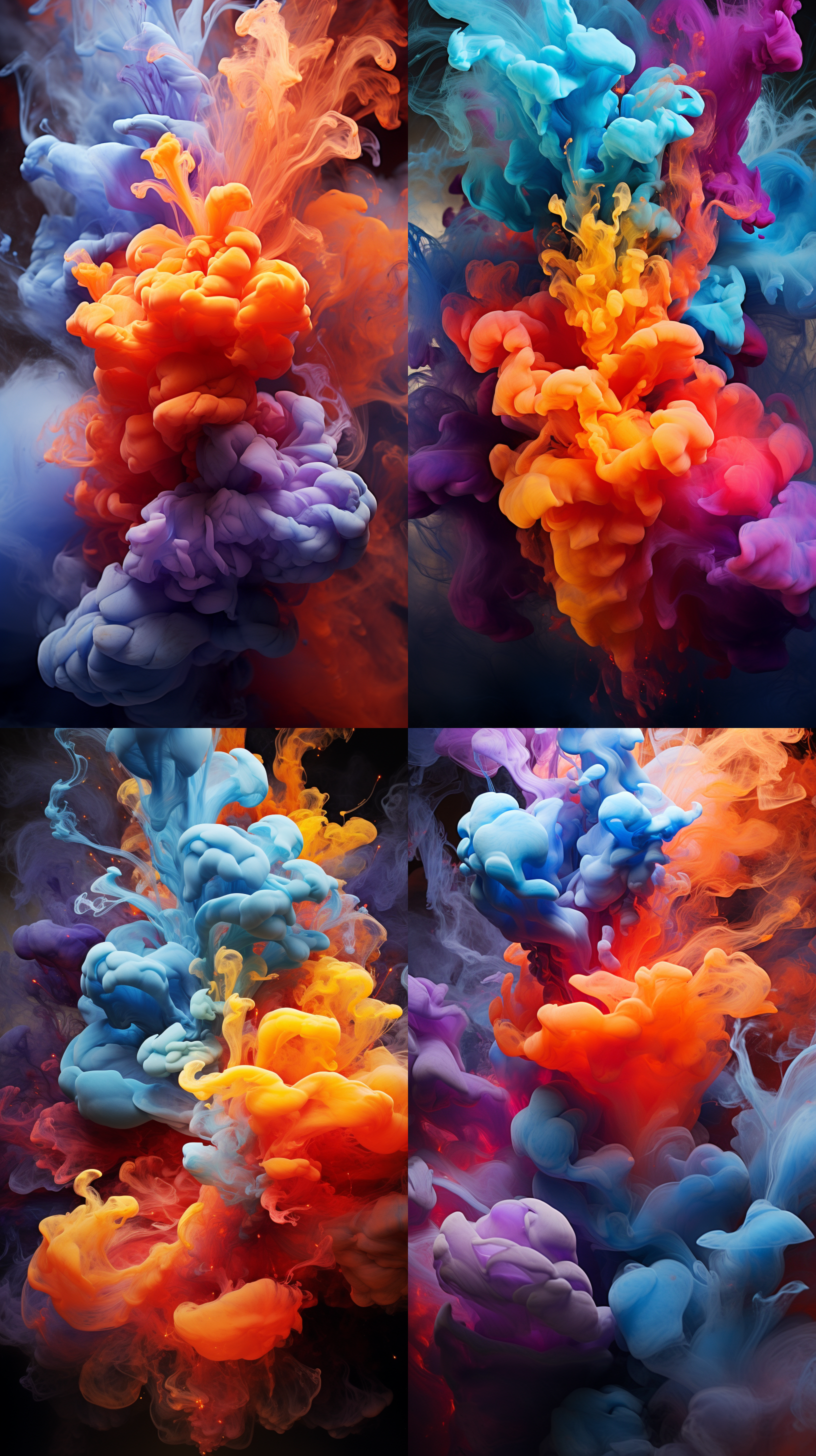 彩色墨水爆炸，龙卷风，艺术渲染，深橙紫白蓝红青，美丽艳丽，迷幻盛开，灵感kim keever，戏剧性烟雾，喷射液体，弹道，超现实主义美学，宽广角度，饱和色彩，动态流畅，震撼视觉，创意灵感。