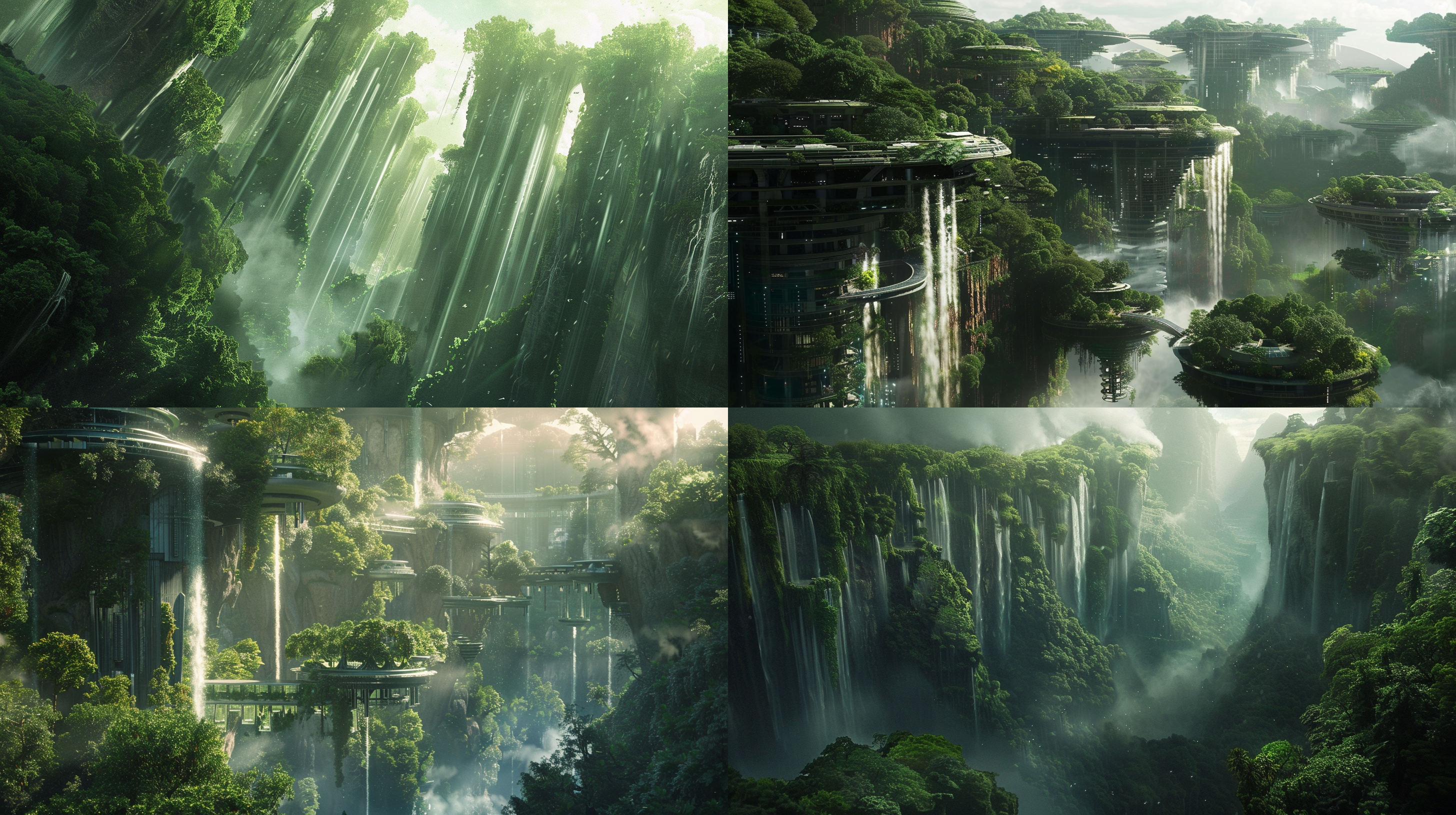 未来天空，悬浮之仙境，绿植瀑布，神迹建筑，阿凡达世界，高空迷雾，全景相机，光影折射，悬浮动作，灰蓝色调，神秘氛围。