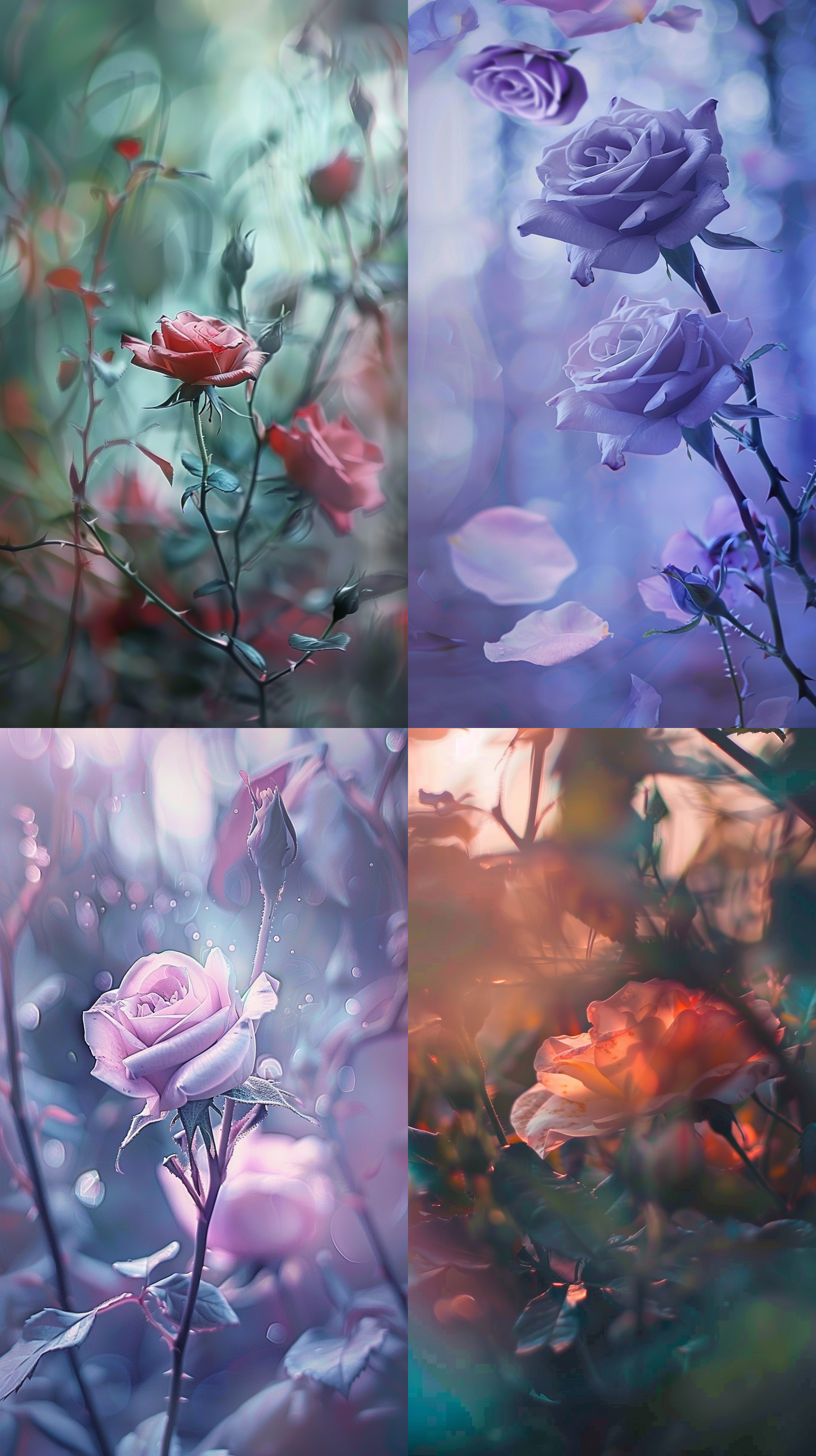 魔法玫瑰花，飘散的花瓣，神秘森林，细节特写，微距镜头，柔和光线，悬念，魔幻色彩，优美。