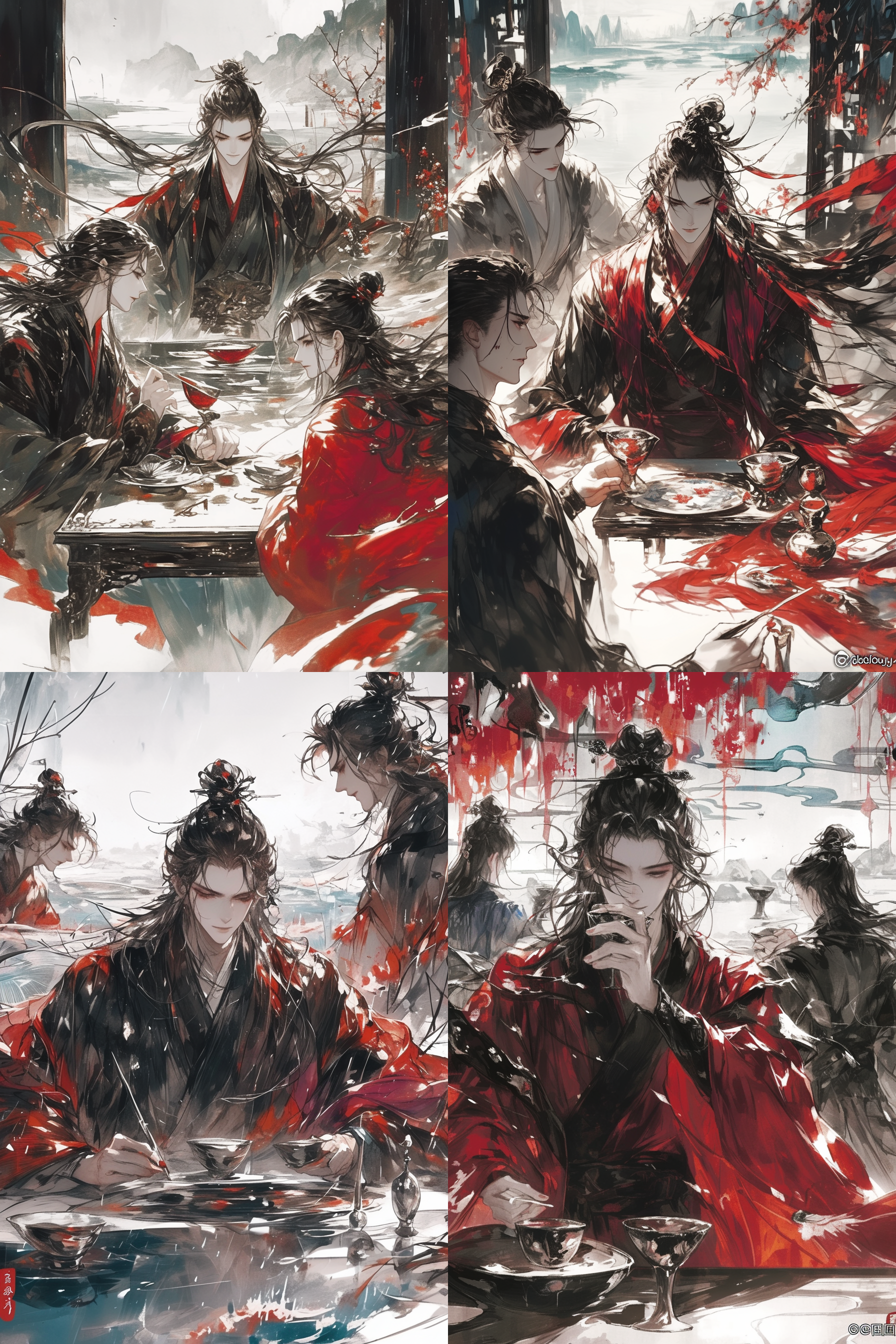 中国风，开心氛围，三个帅气面对面男人饮酒，中式酒盏，江湖，细节丰富，柔光，光影突出