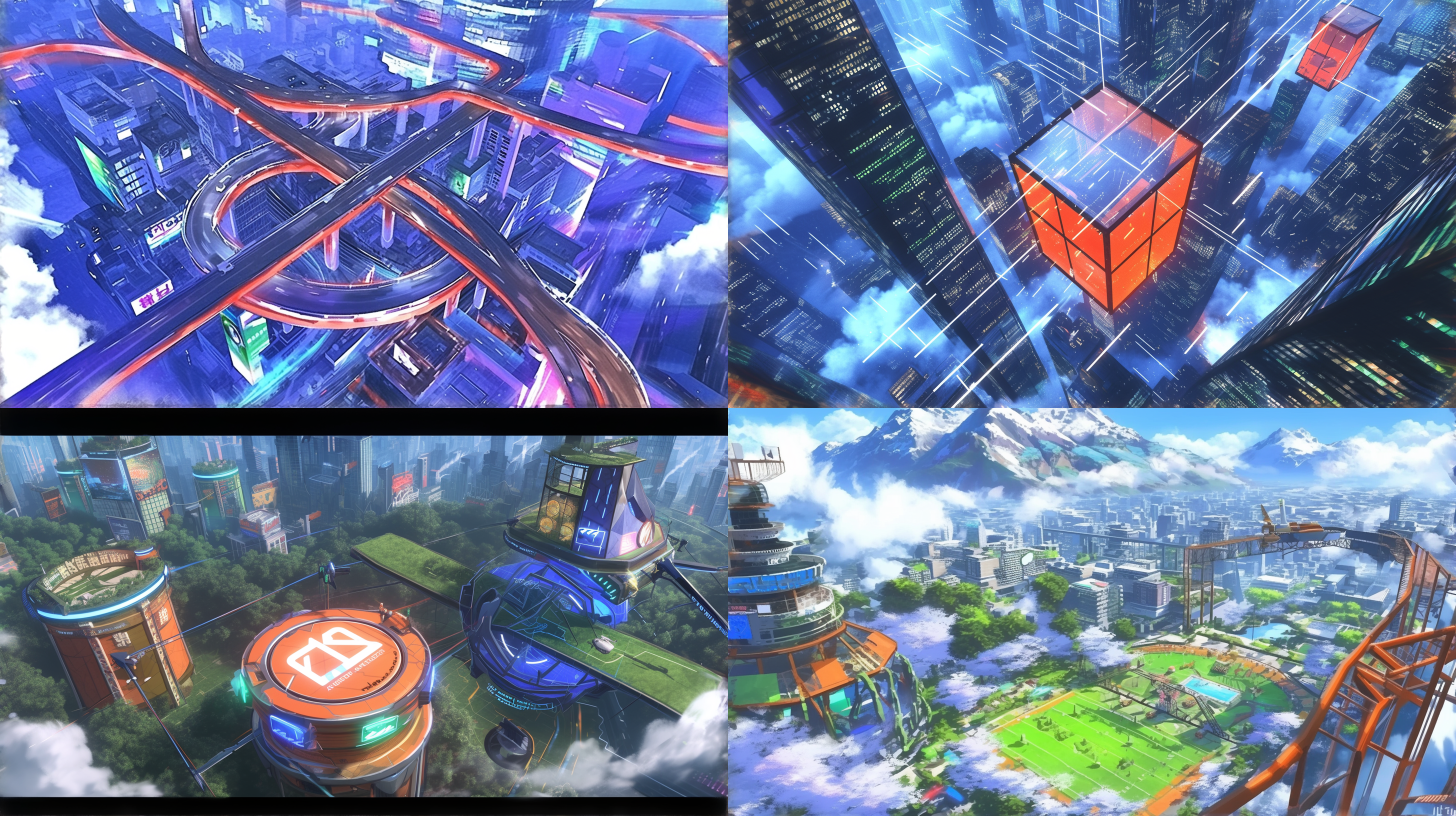 未来城市飞行器，高空鸟瞰，霓虹灯光，夜晚，科幻风格，悬浮，城市天际线，宽广视角，冷色调，未来主题，动感，光轨效果。